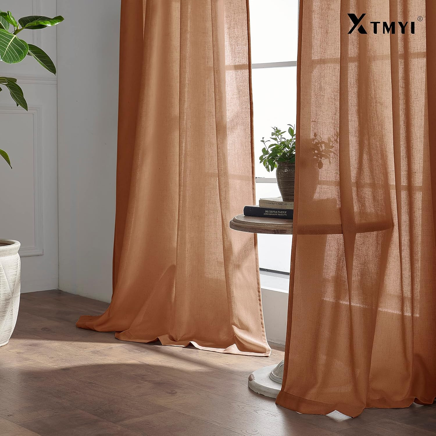 XTMYI Terracotta Vintage Boho Curtains, Rust Colored Linen Sheer Rustic Farmhous