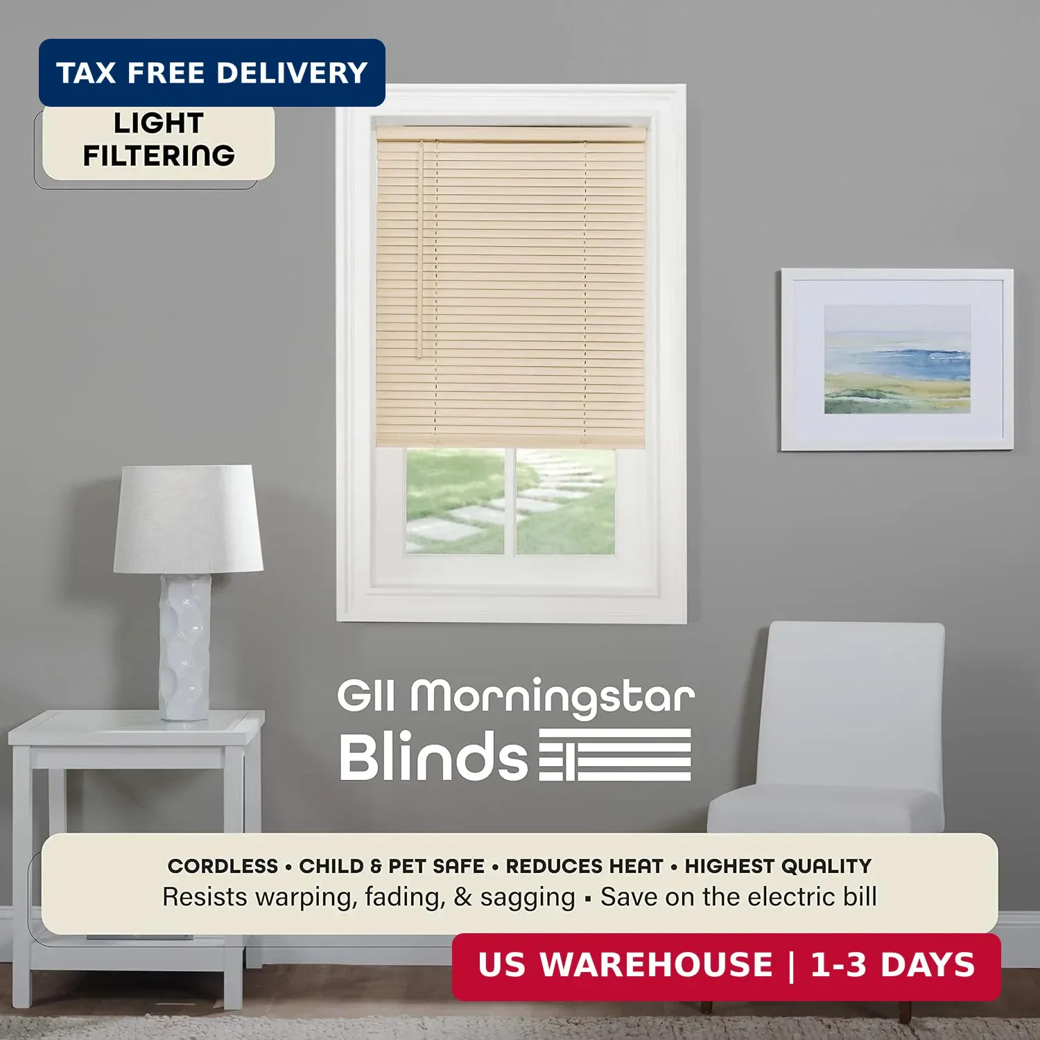 Cordless Light Filtering Mini Blind – 34 Inch Width, 48 Inch Length, 1″ Slat Siz