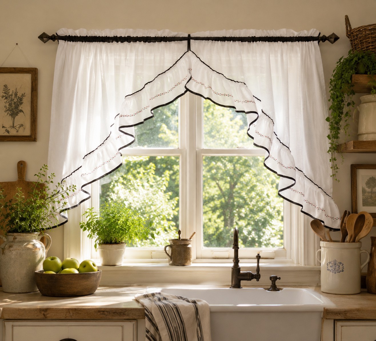 Vintage Country Farmhouse Kitchen Curtain Swag Valance Set Scalloped Black White