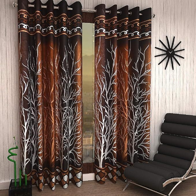 2 Piece Brown Tree Panel Eyelet Window Curtains 5 7 9 Feet