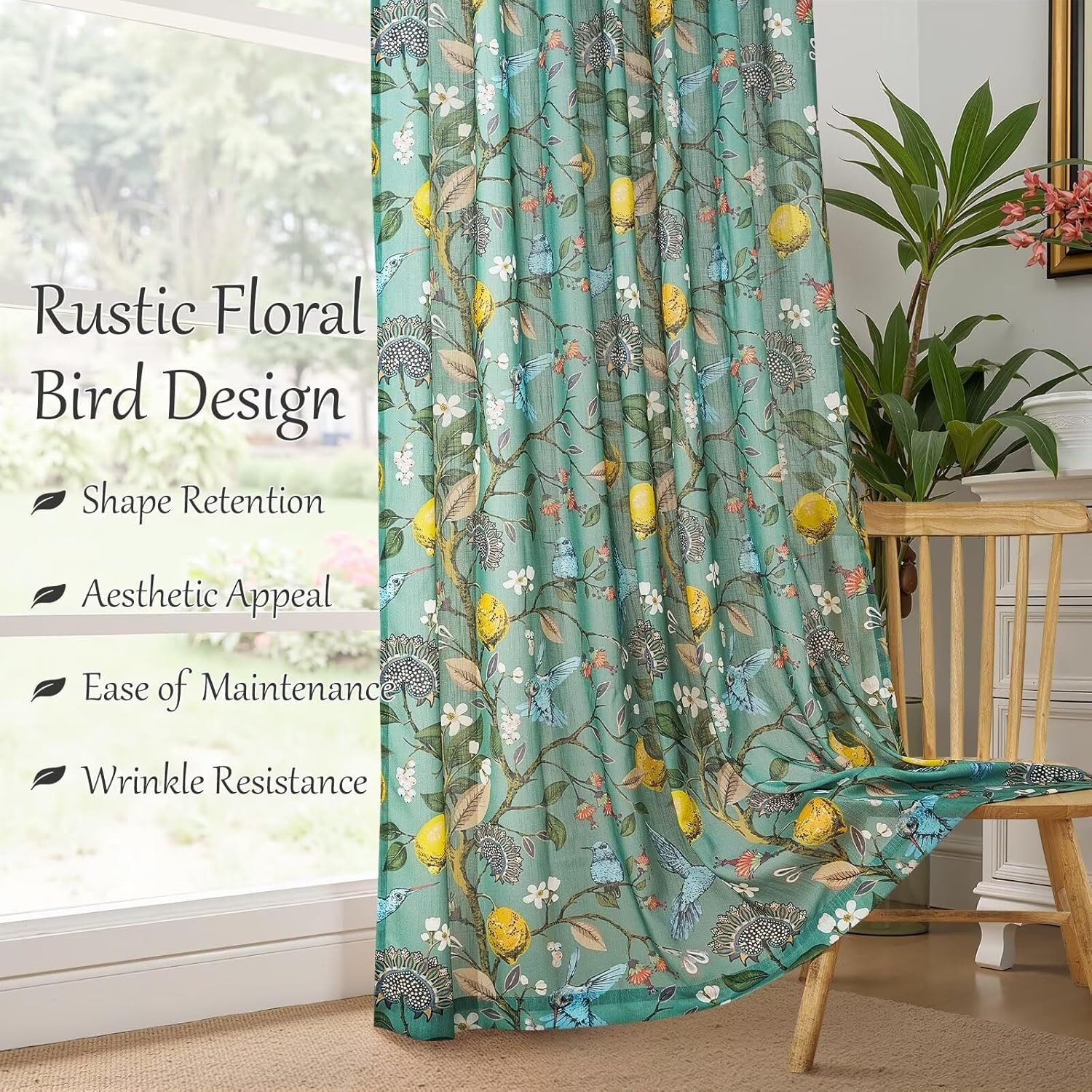 Sage Green Floral Semi Sheer Curtains 84 Inch 2 Panel Linen Look Pinch Pleat