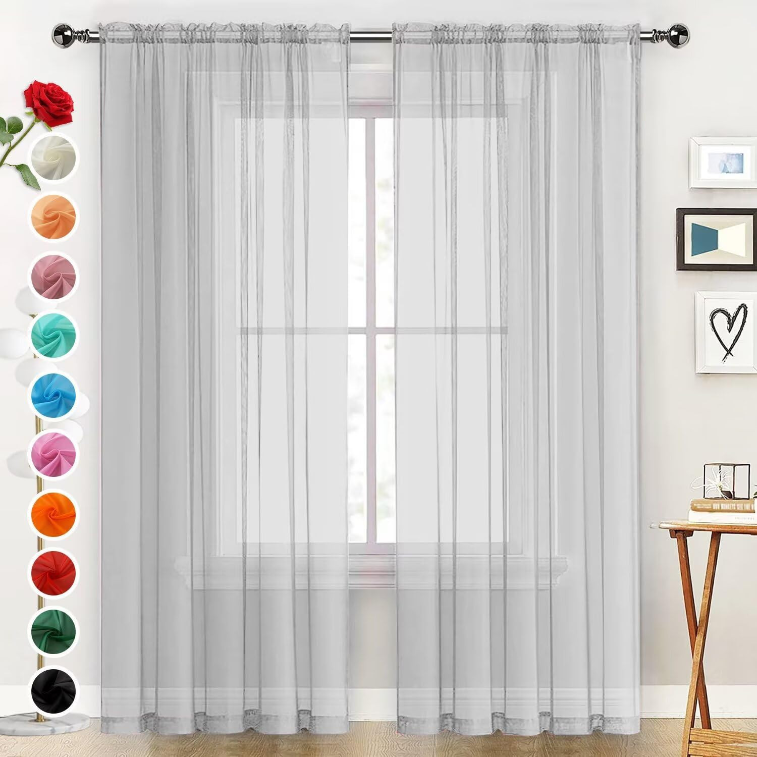 Basic Rod Pocket Sheer Voile Window Curtain Panels Silver Grey 1 Pair 2 Panels 5