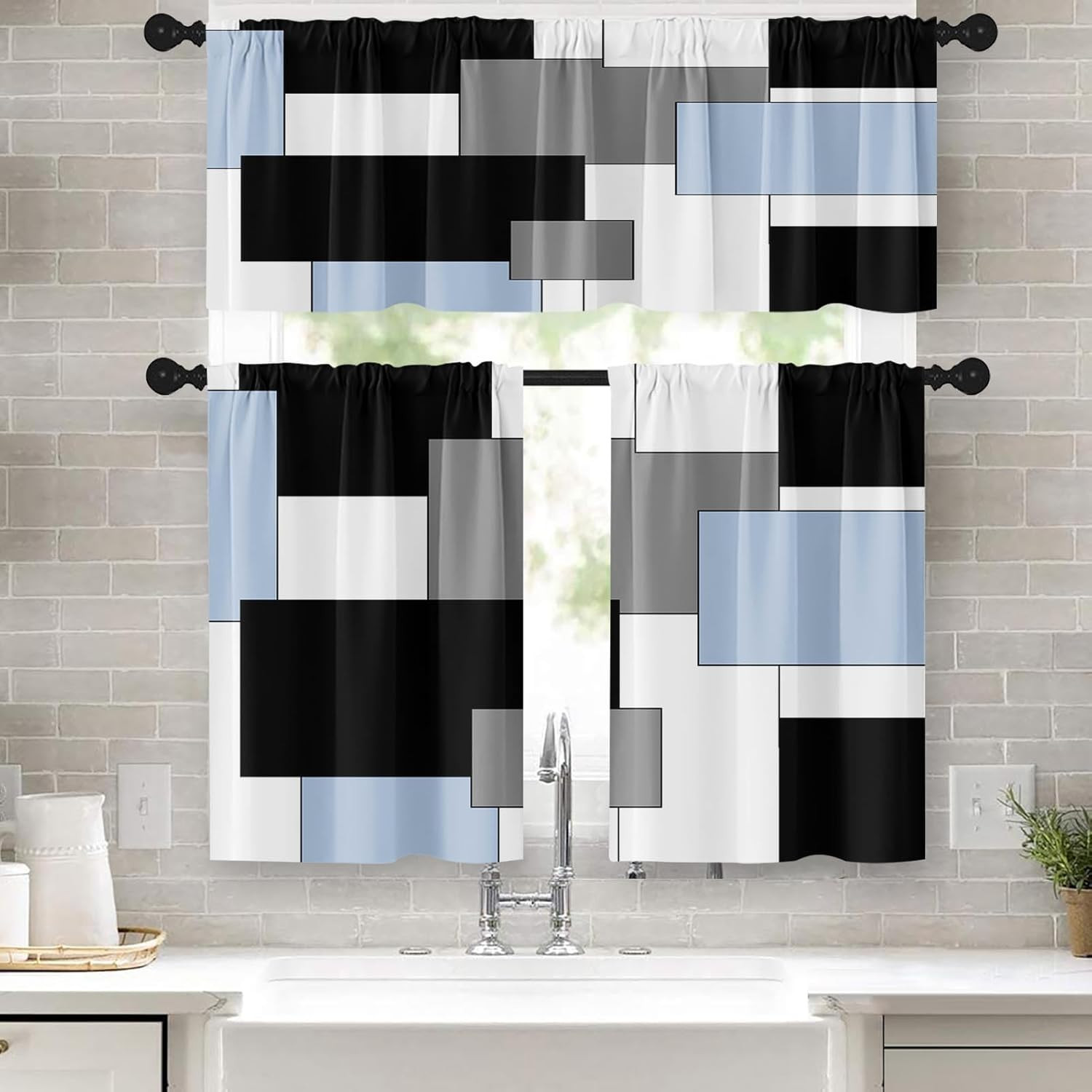 Sky Blue Kitchen Window Curtains Valance and Tier Set 36 Inch, Black Grey White