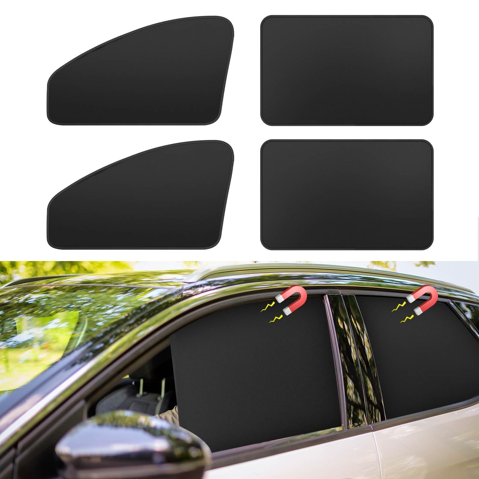 Car Window Sun Shades Curtains – Magnetic Privacy front and back-4pcs, Black