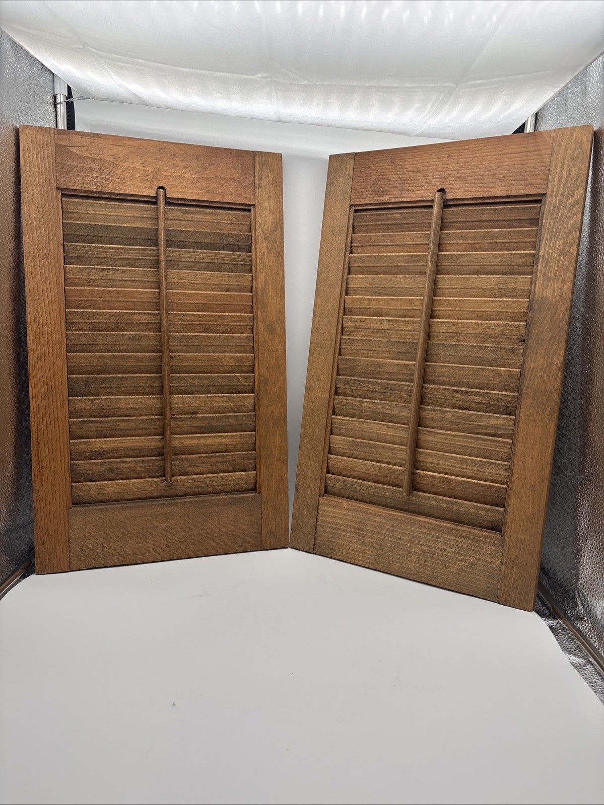 2 OLD Brown Wood Shutter Panels Movable Louver Slats ~ 12” X 20”