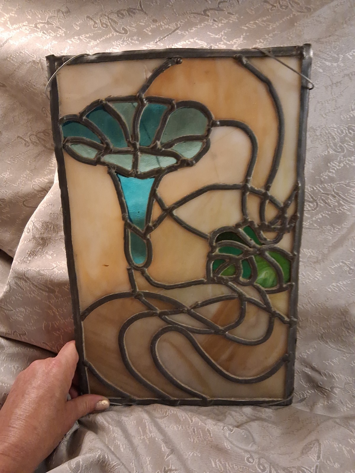 Vintage Art Nouveau Style Stained Glass Floral Window Panel 9.5″ x 14″