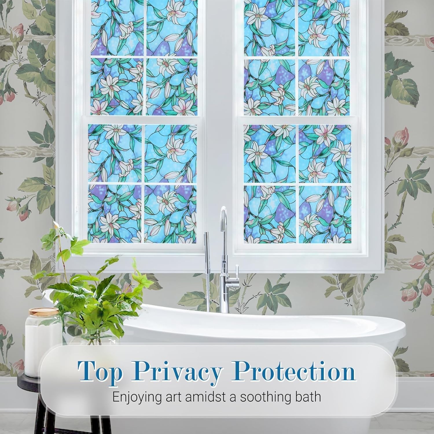 Decorative Static Cling Stained Glass Film – Blue Lily Design, UV Protection