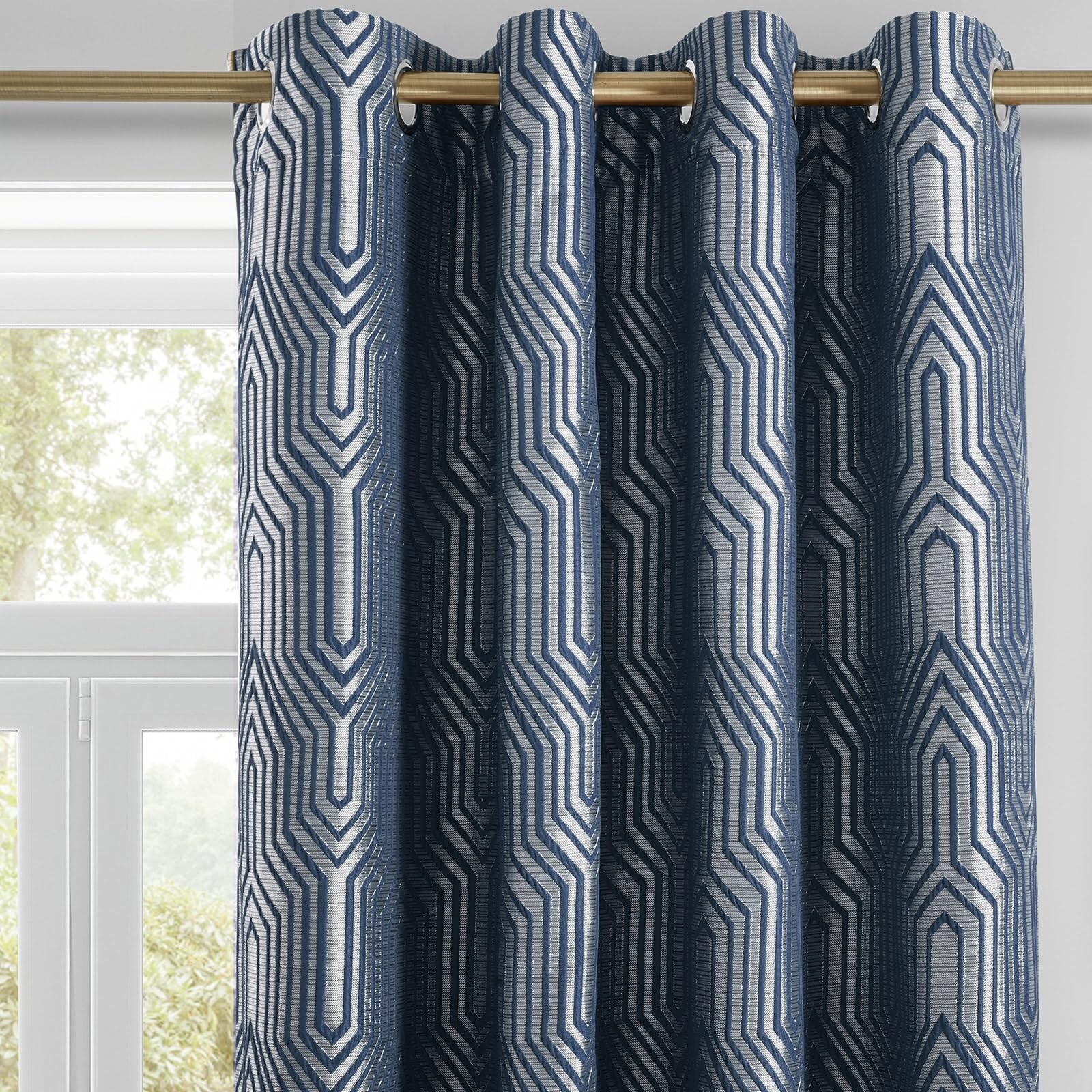 Indigo Blue and Silvery 100% Blackout Jacquard Geometric Pattern Curtains,52 …