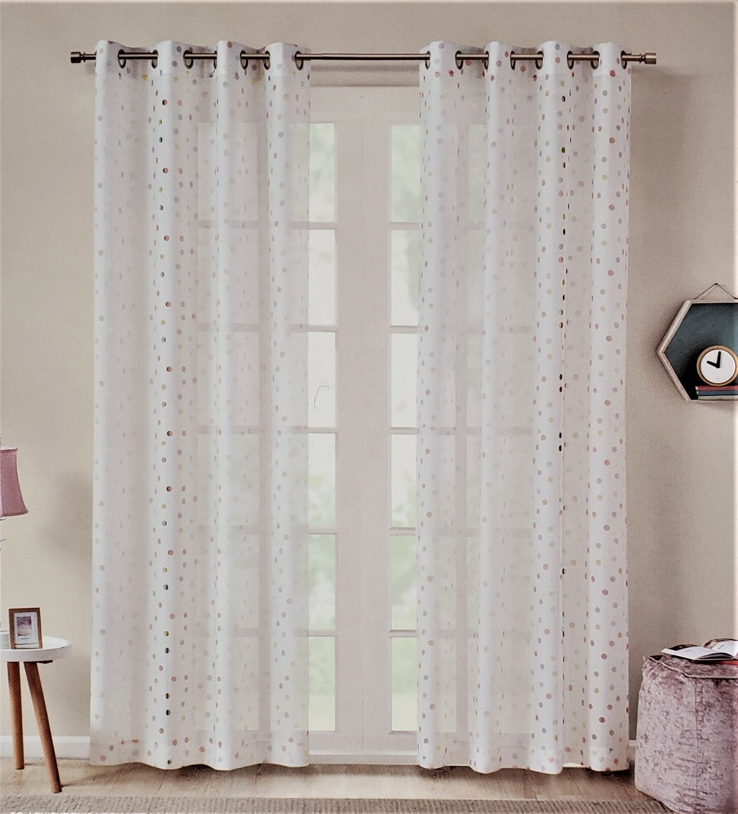 RAINBOW DOT Grommet Top Window Sheer 84 In Length Set of 2 White