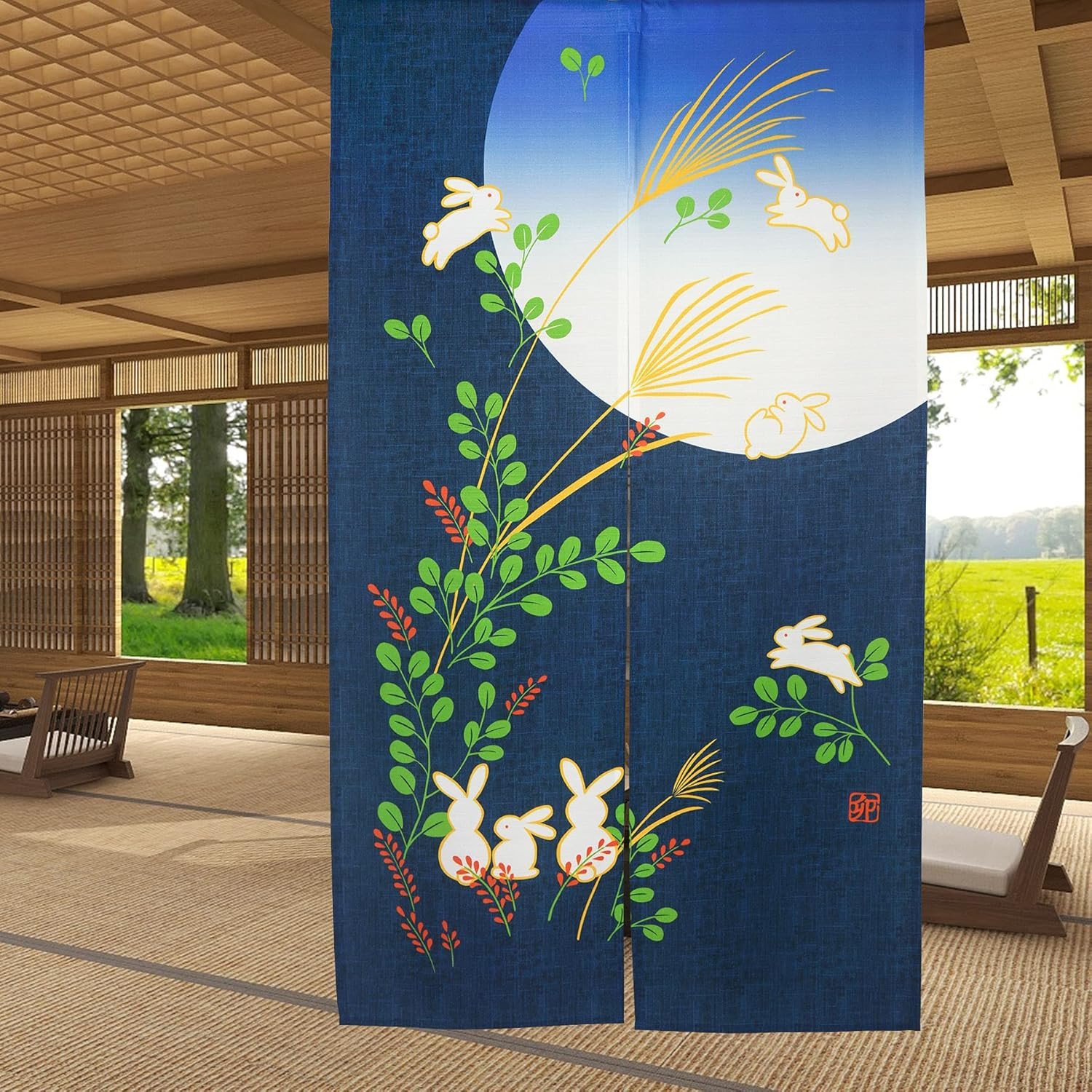 Japanese Doorway Curtain Noren Cute Rabbit under Moon Decoration Blue 33X59Inch