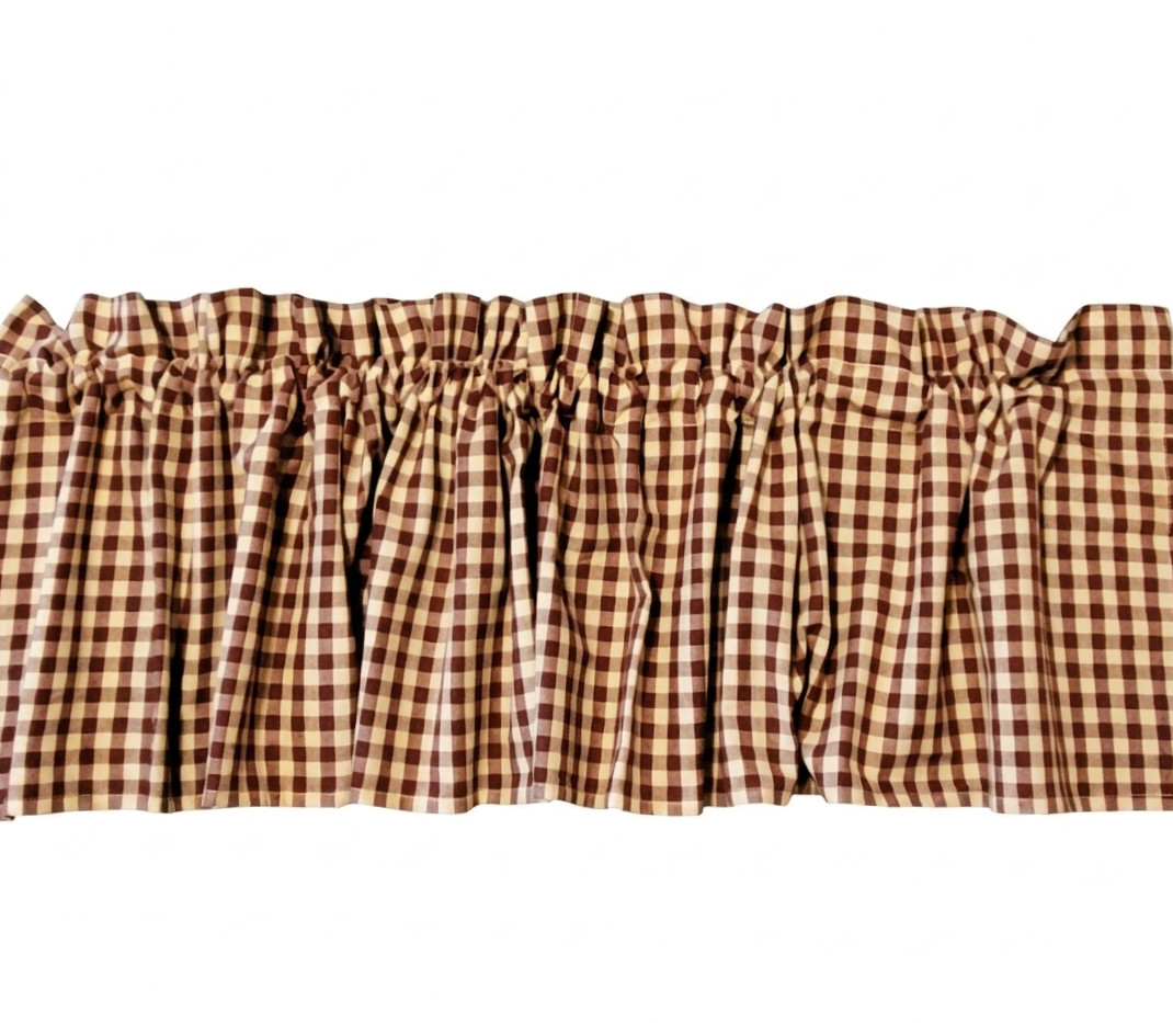 Rustic Country Primitive Small Burgundy & Tan Check Homespun Valance 72″x14″