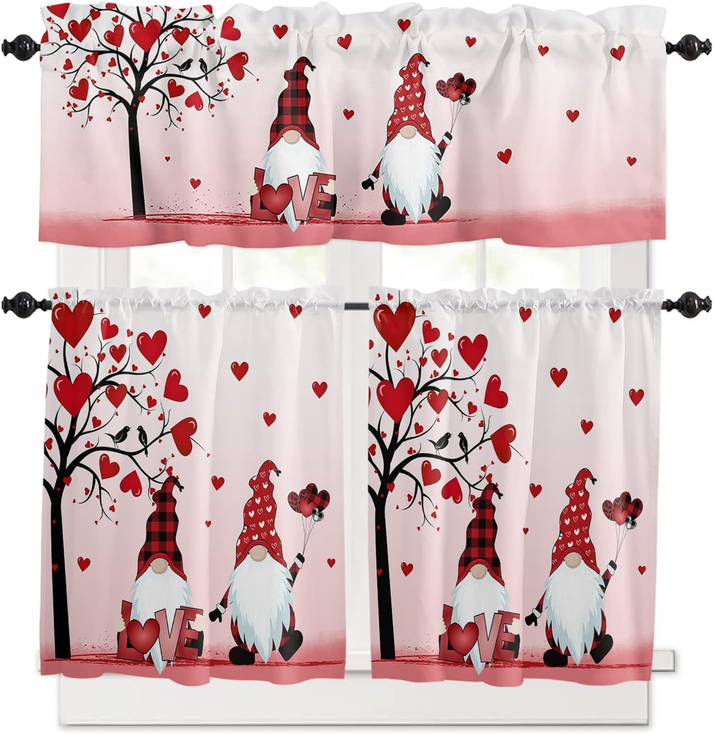Valentines Kitchen Curtains Tiers and Valances Set Gnomes Love Heart Tree Window