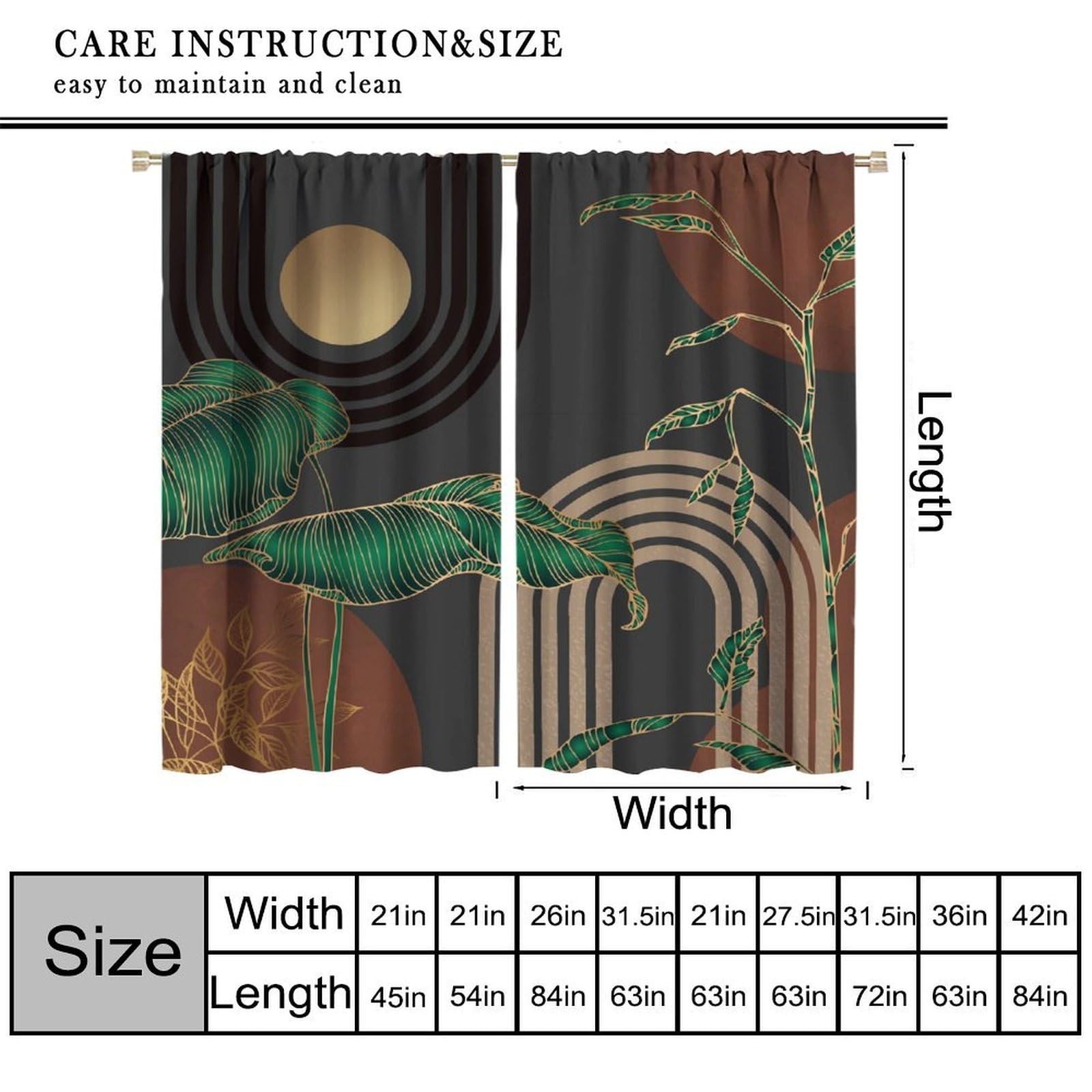 Dark Brown Mid Century Curtains,Boho Abstract Retro Palm Leaves Modern Art Pr…