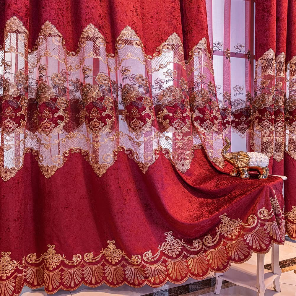 Elkca European Style Festival Burgundy Red Embroidered Chenille Curtain For