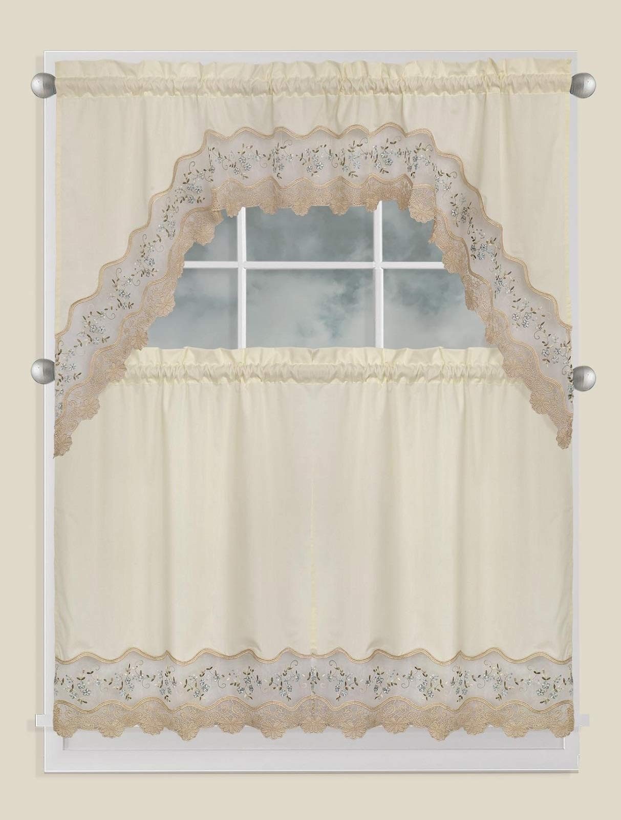 Fancy Collection 3pc Embroidery Floral Kitchen/Cafe Curtain Tier and Valance …