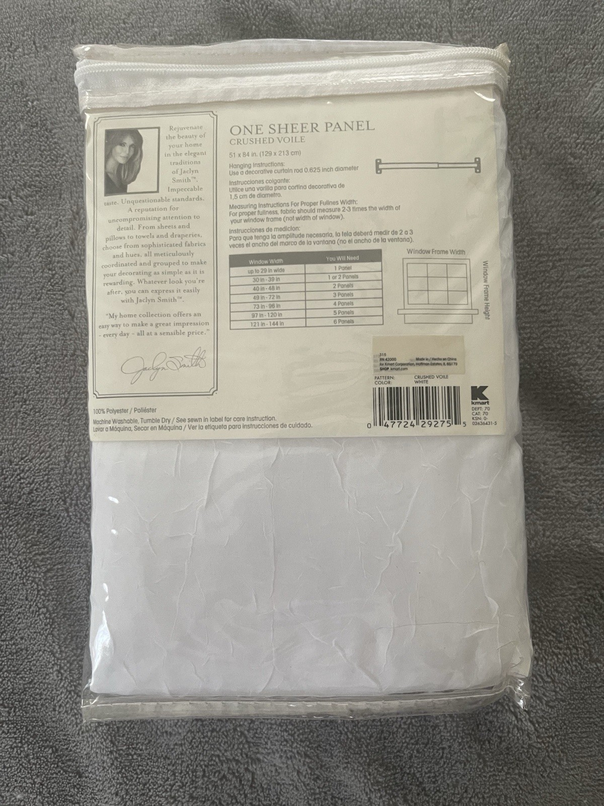 Jaclyn Smith – One Sheer White Window Panel (12 Available) – New! 84” L x 51” W