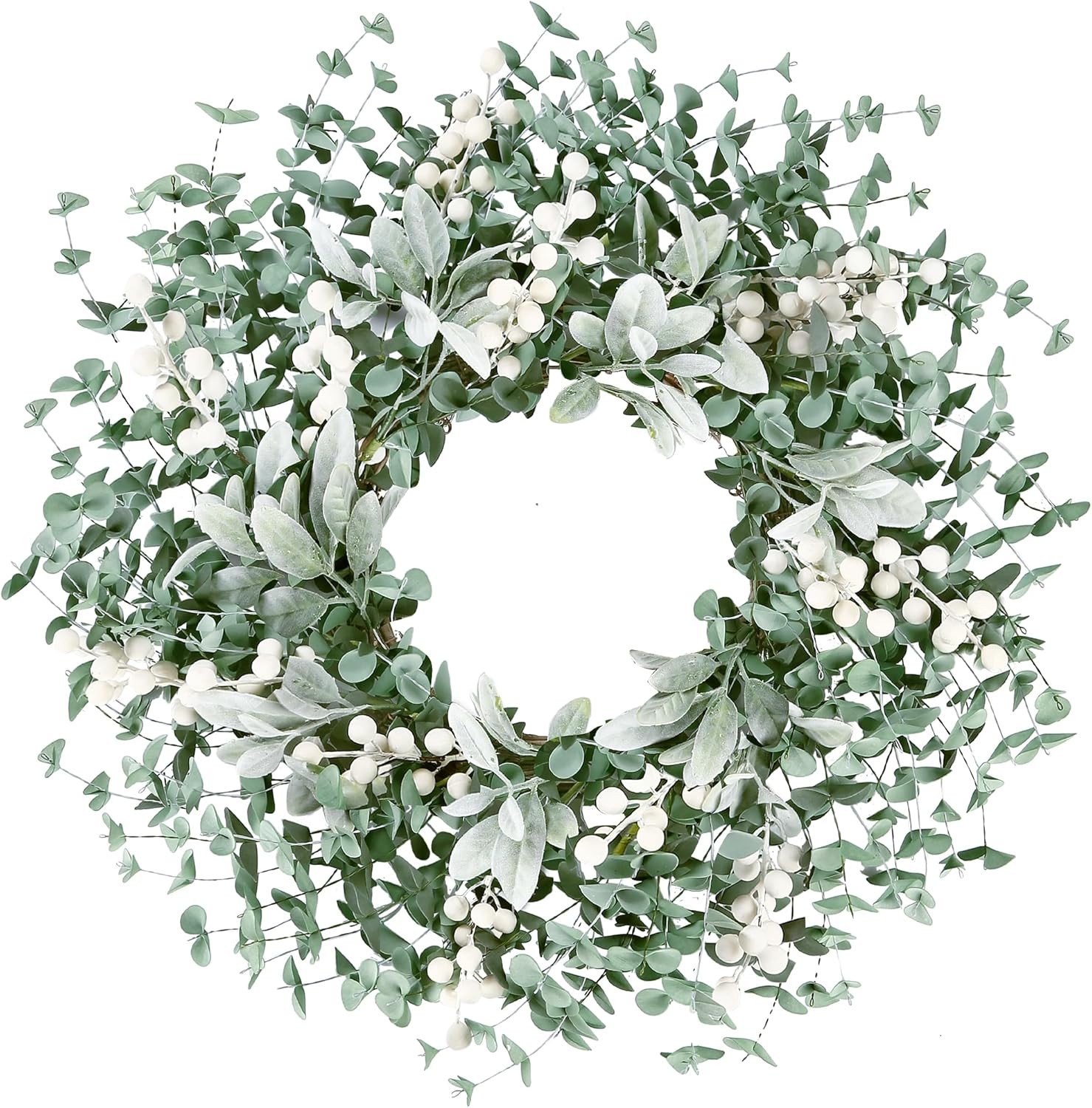 Sggvecsy Artificial Greenery Leaves Boxwood Wreath with White Berries – Green