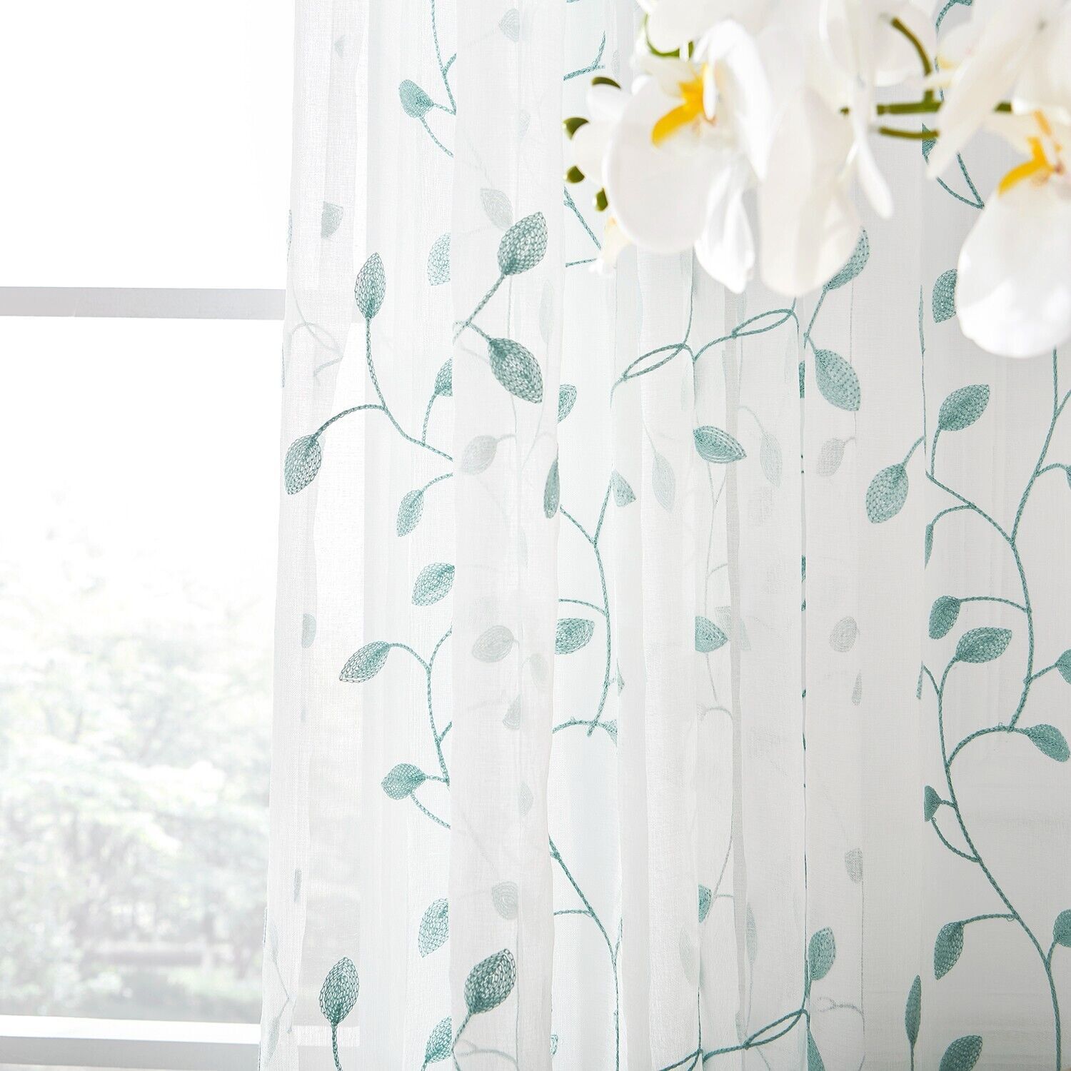 2 Panels Embroidered Leaves Semi Sheer Voile Window Curtains Drapes Living Room