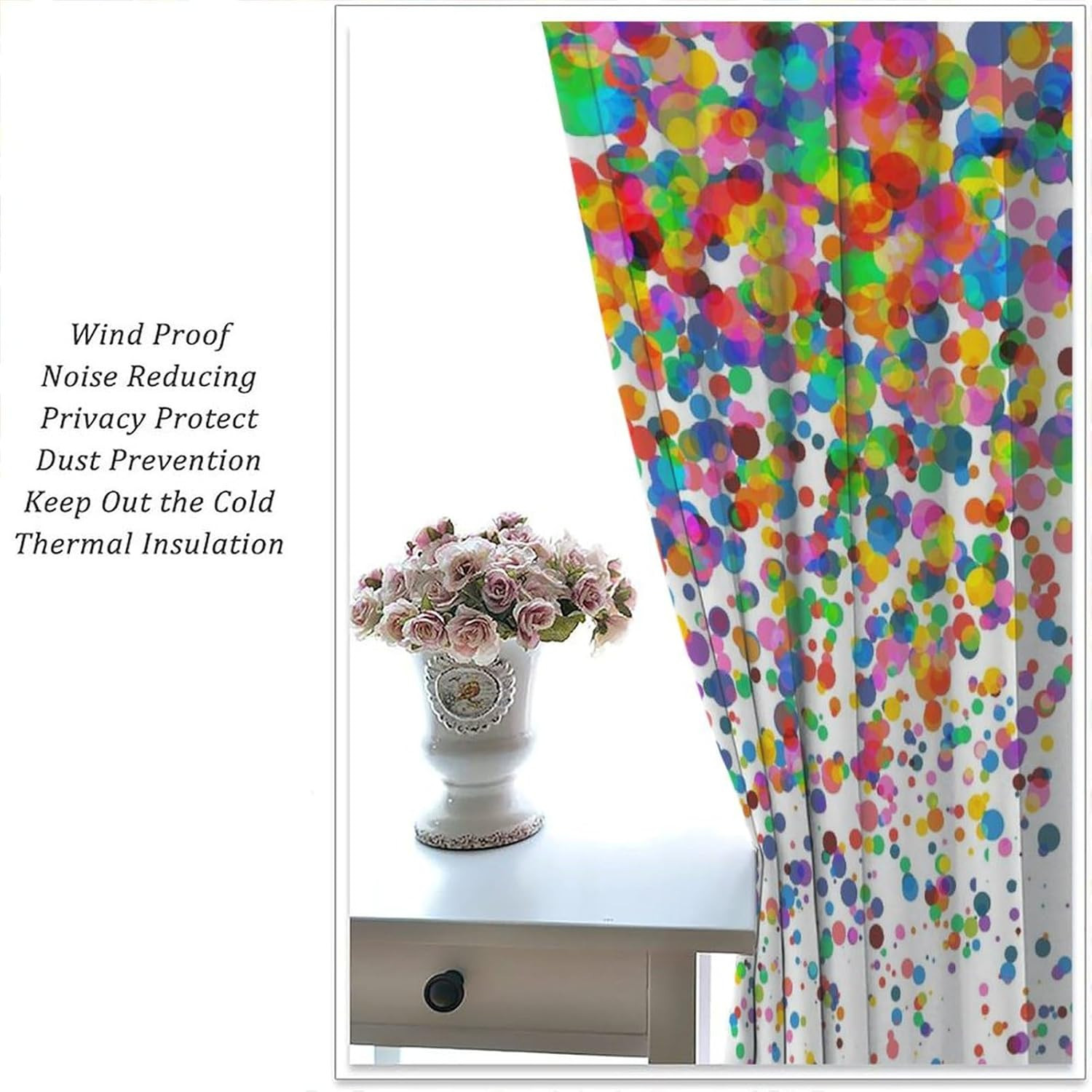 Colorful Polka Dot Curtains, Abstract Geometric Confetti Falling Rainbow Geometr