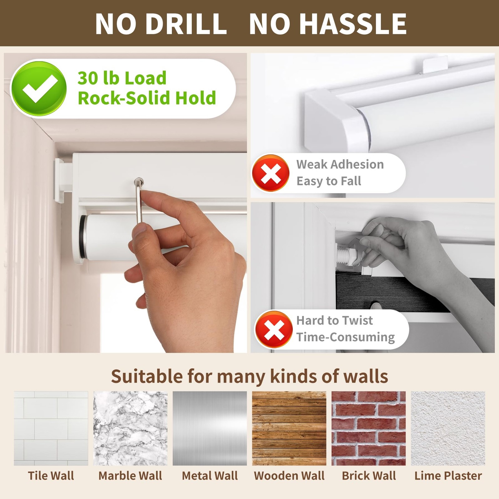 HESTIA No Drill Cordless Blackout Roller Shades Screwless Waterproof Shower W…