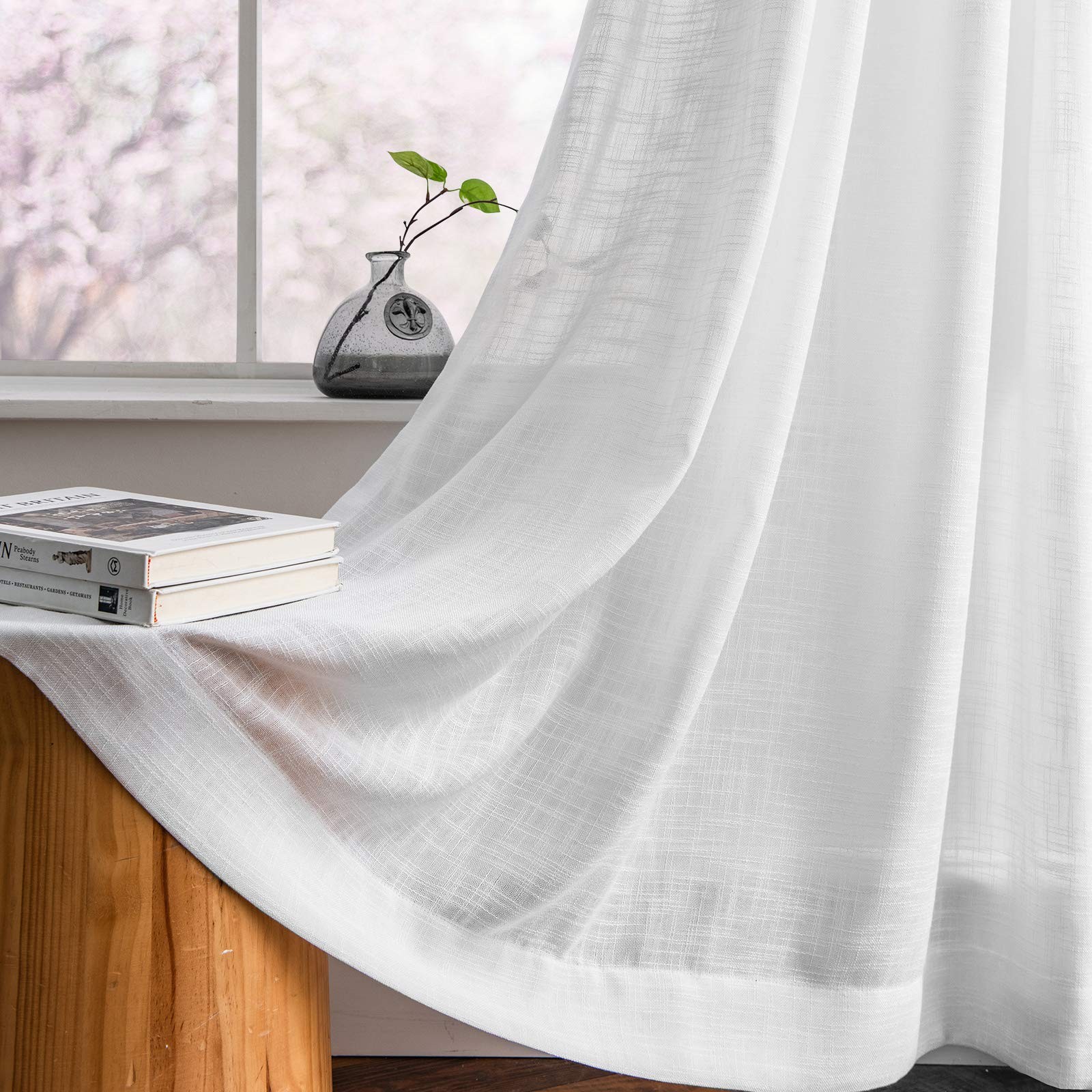 Melodieux White Linen Textured Semi Sheer Curtains 84 Inches Long For Living