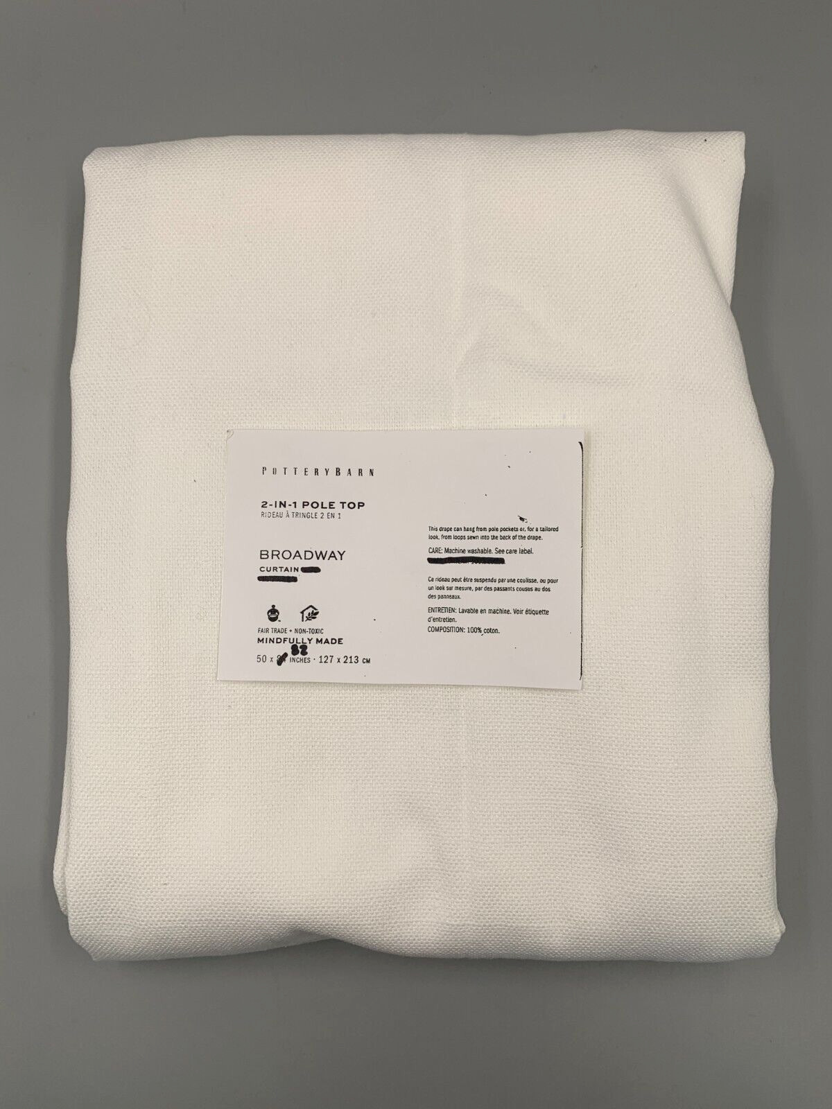 Pottery Barn Broadway Unlined (1) Curtain Panel Drape White 50x 82 in H119 READ