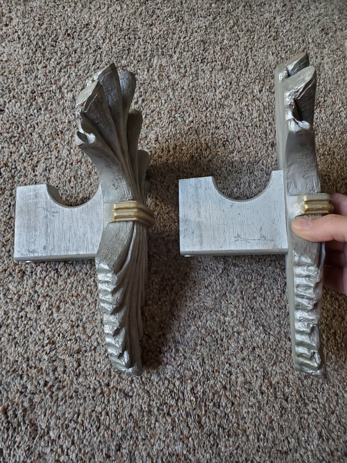 Pair Of Kirsch Wooden Curtain Rod Brackets Holders, 2001 Silver Gold Art Deco
