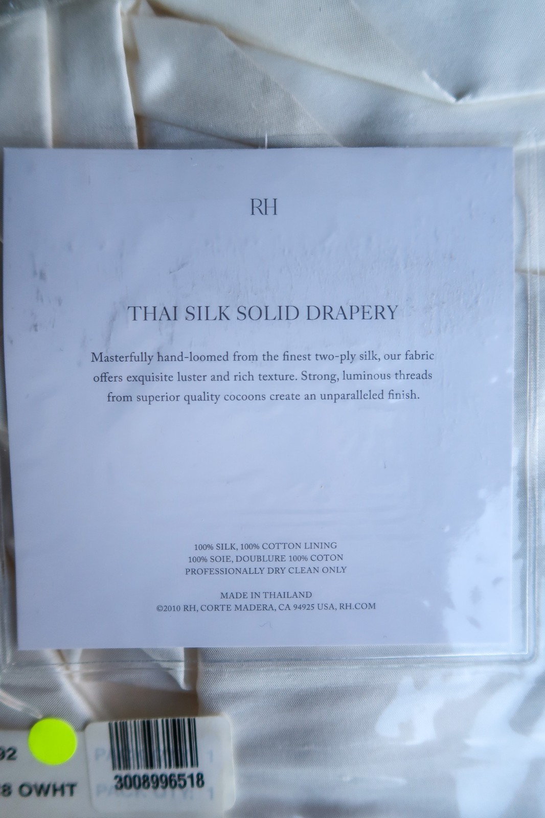 Restoration Hardware Thai Silk Drapery Rod Pocket curtain 84 x 50 Optic White