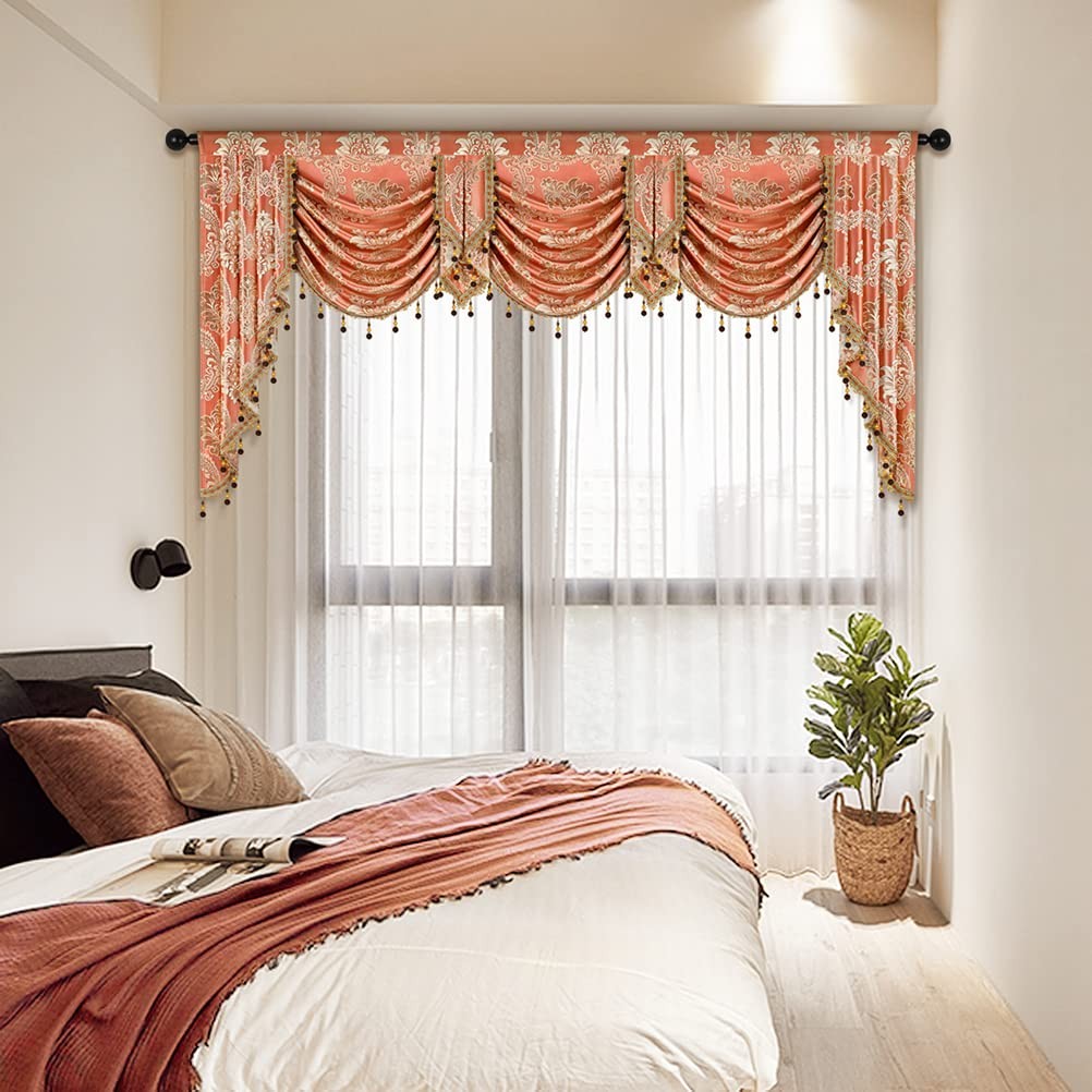 Elkca Jacquard Waterfall Valance For Living Room Damask Coffee Curtain Valance