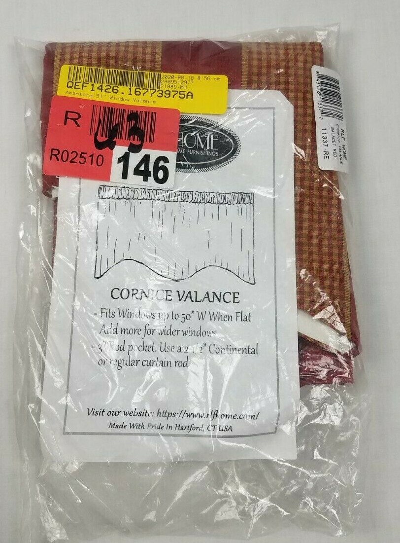 RLF Home 50 In Cornice Valance Balacet Red 11337-RE Red/Gold Plaid & Stripe