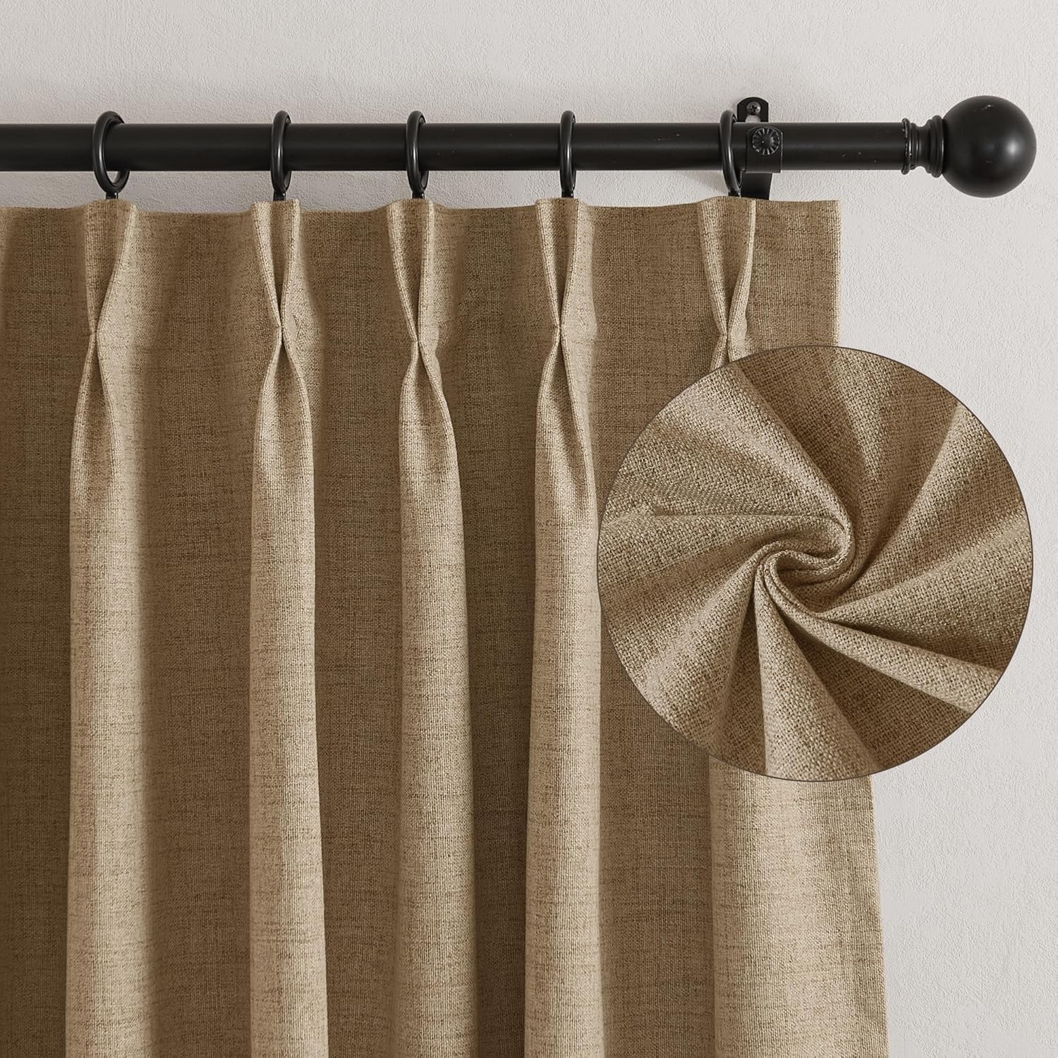 Pinch Pleated Back Tab Curtains Linen Textured 100% Blackout Curtains Thermal In