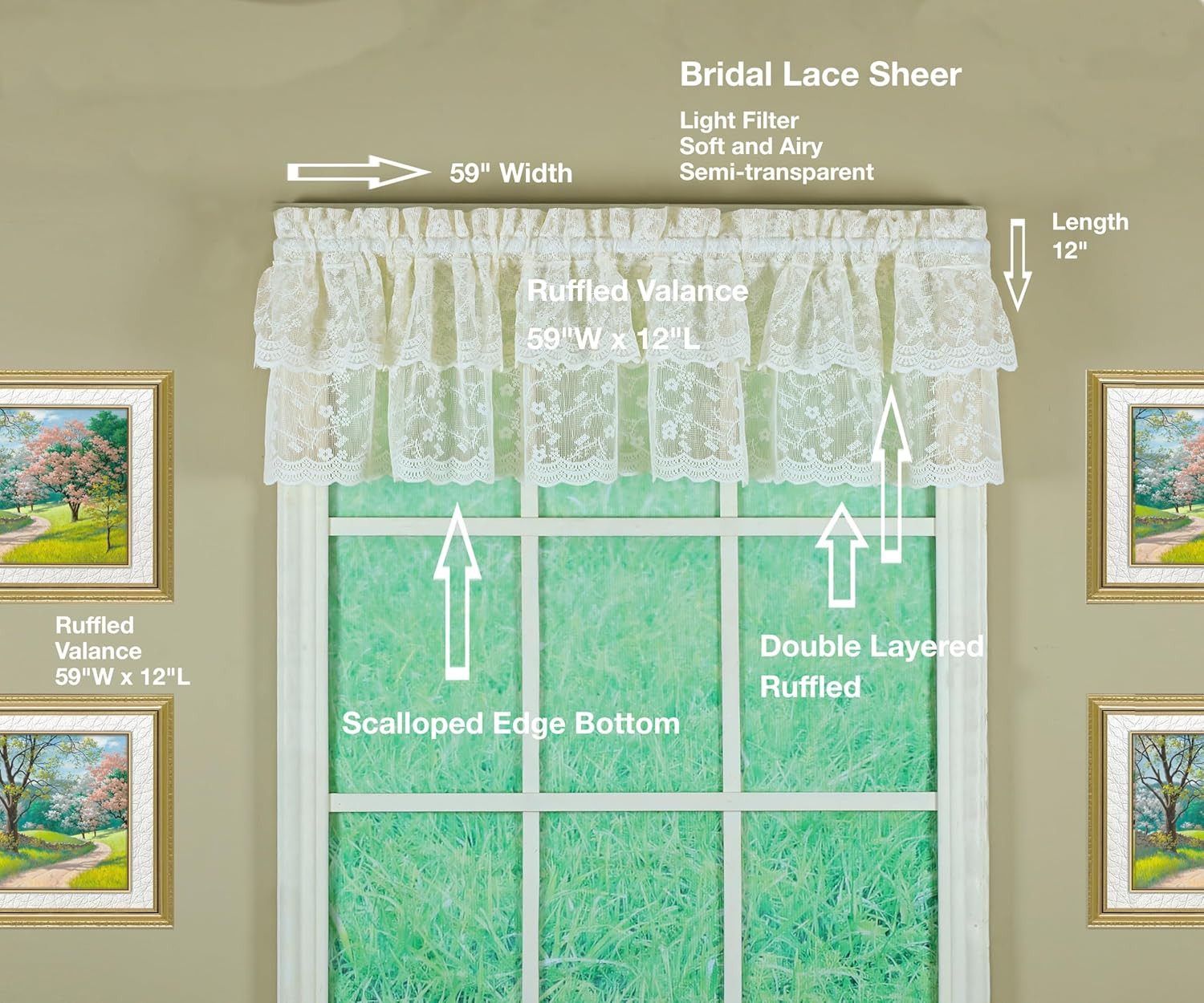 Ivory Priscilla Lace Ruffled 5-Piece Bridal Curtain Set, 84″ Length