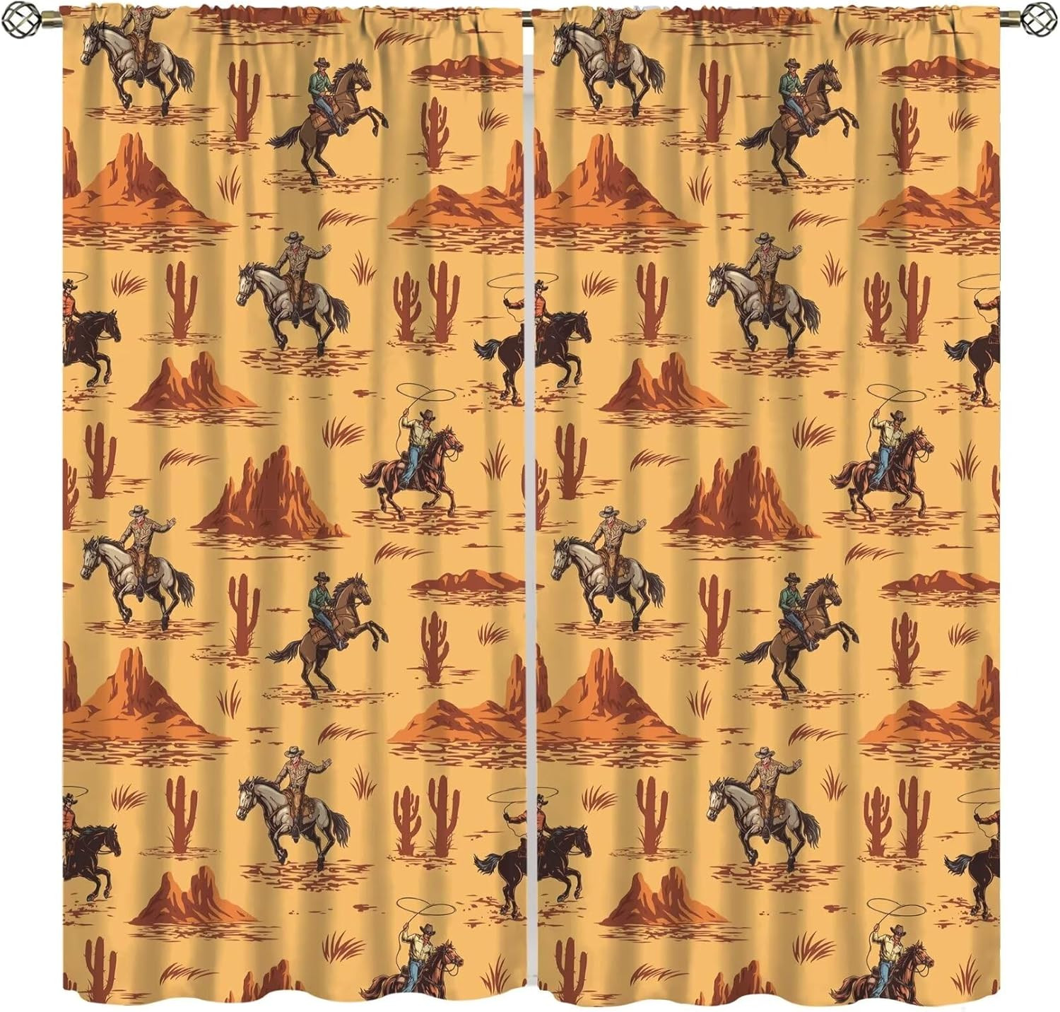 Vintage West Cowboy Curtains Wild Western Cowboy and Horses Cactus Print Blac…