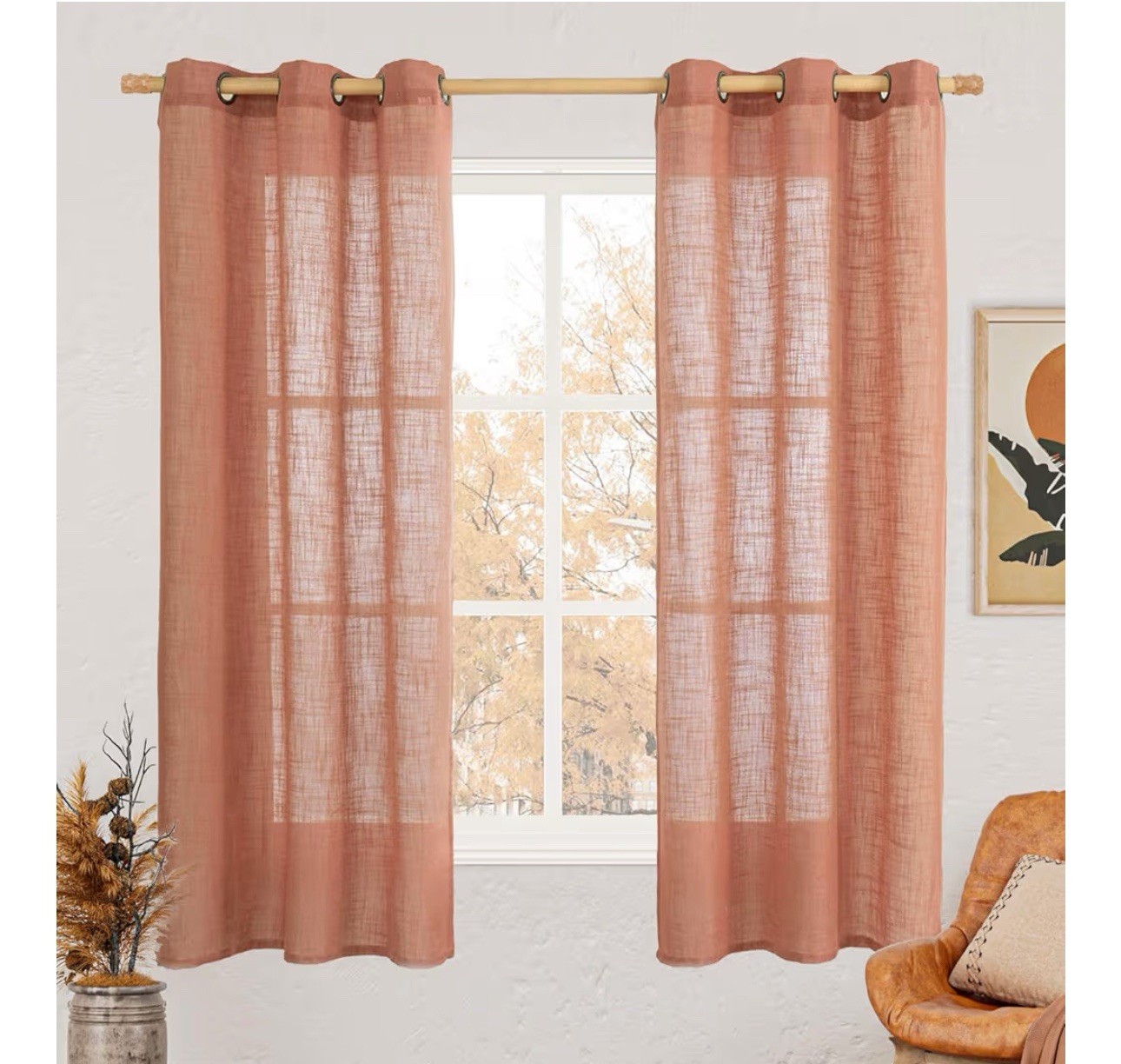 LAMIT- Curtains Terracotta-colored linen semi-translucent 2 panels 34”x63”inches