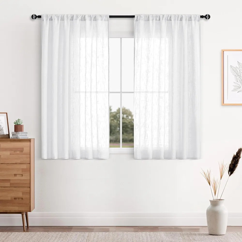 White Faux Linen Sheer Curtains Rod Pocket Textured Semi Transparent 35″W×36″L