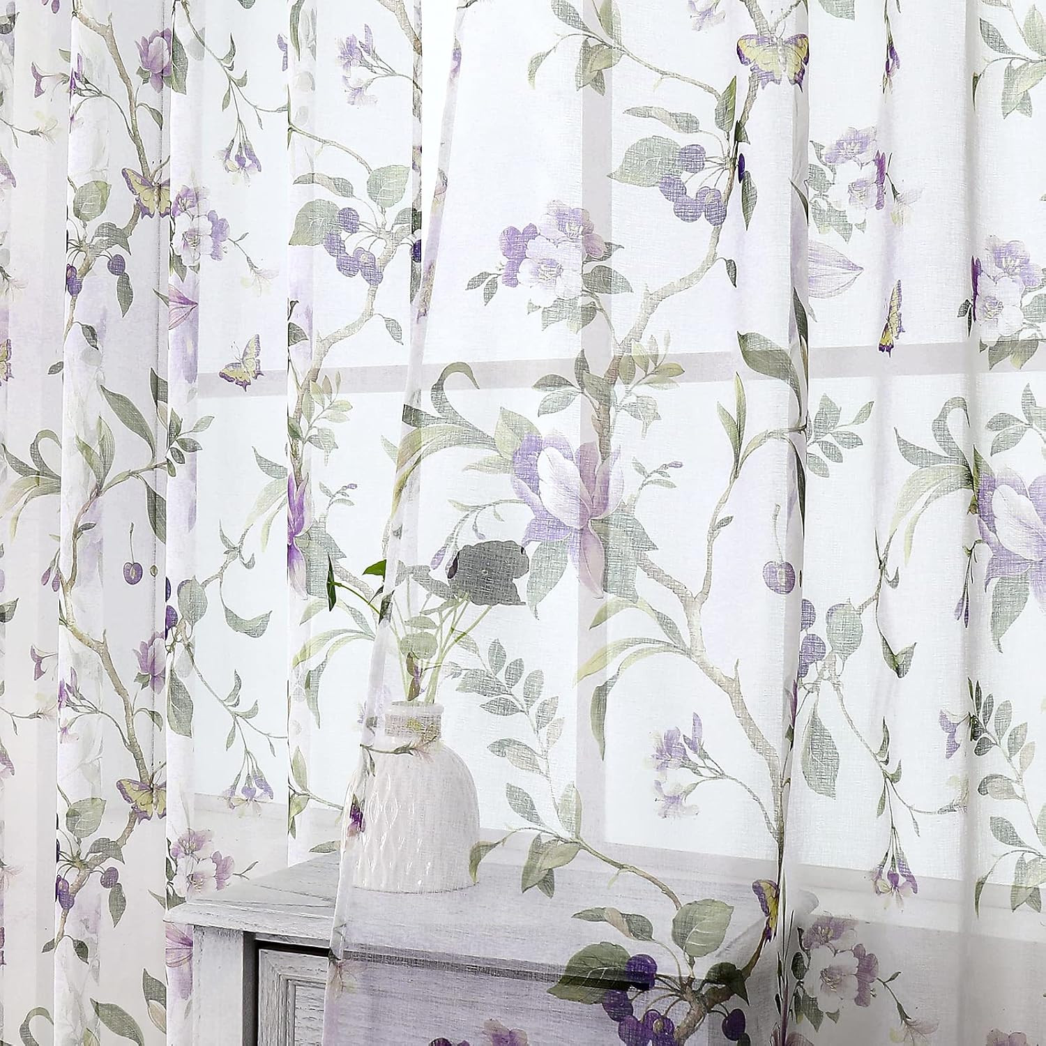 Floral Sheer Curtains Purple Cherry Flower Butterfly Print Living Room Curtain R