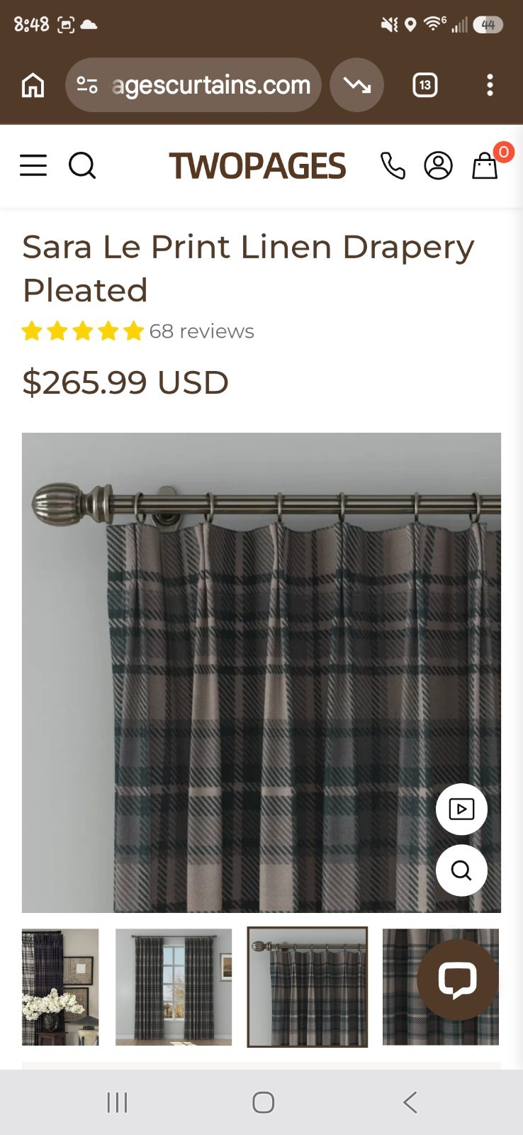 TWOPAGES Linen Blend Plaid Pinch Pleat Light Filtering Panel 42×96