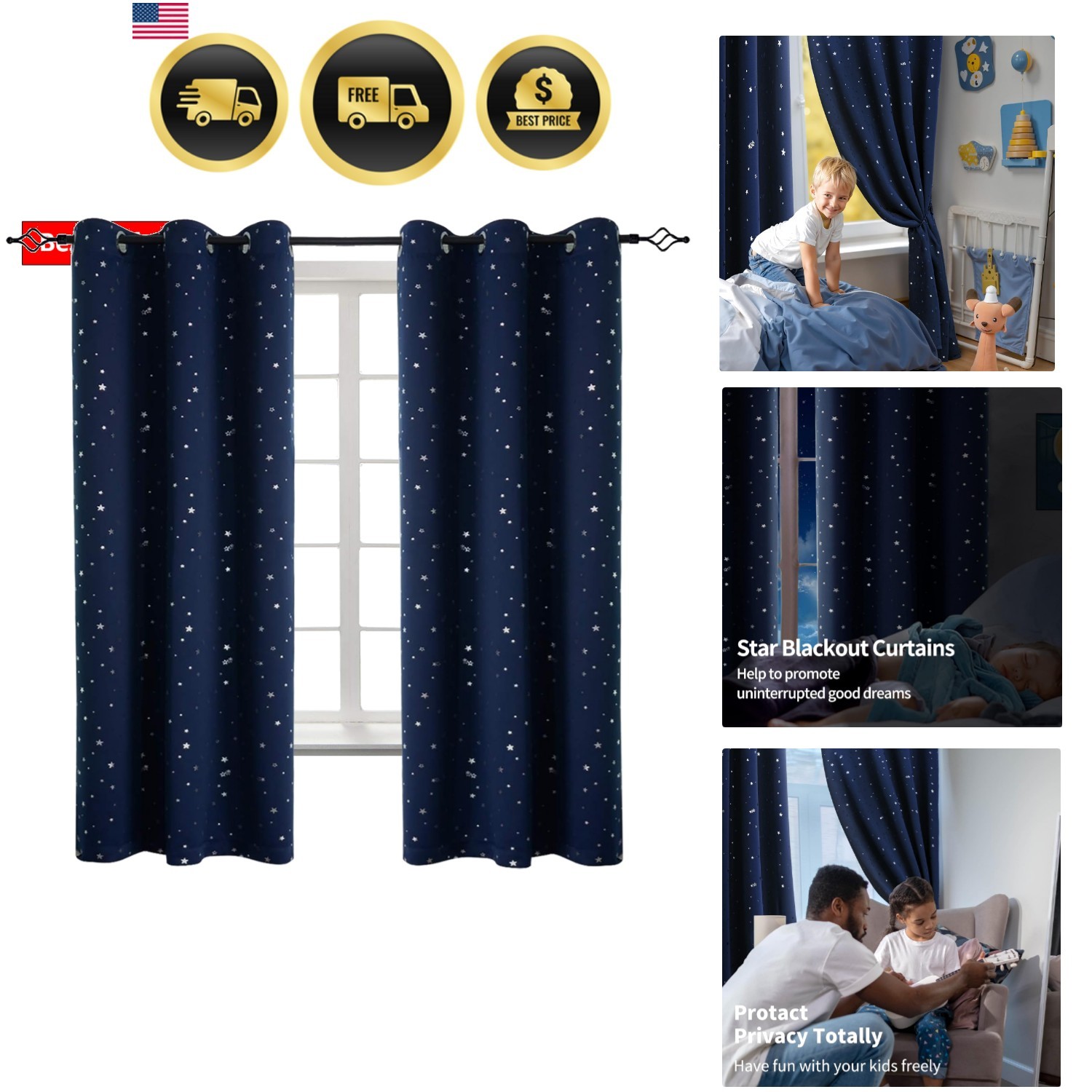 Kids Blackout Curtains for Boys Bedroom, Star Curtains Thermal Insulated Grom…