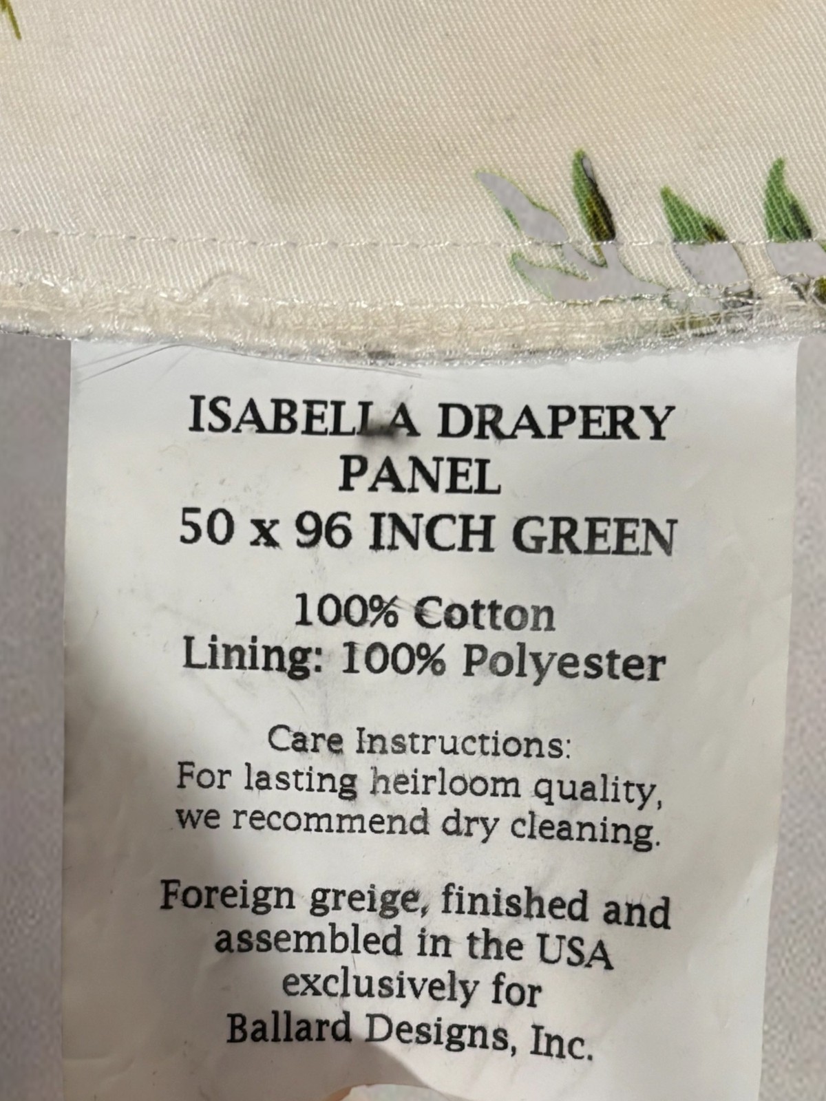 Ballard Designs Isabella Drapery Panel Botanical Floral Curtain 50×96 Cotton Gre