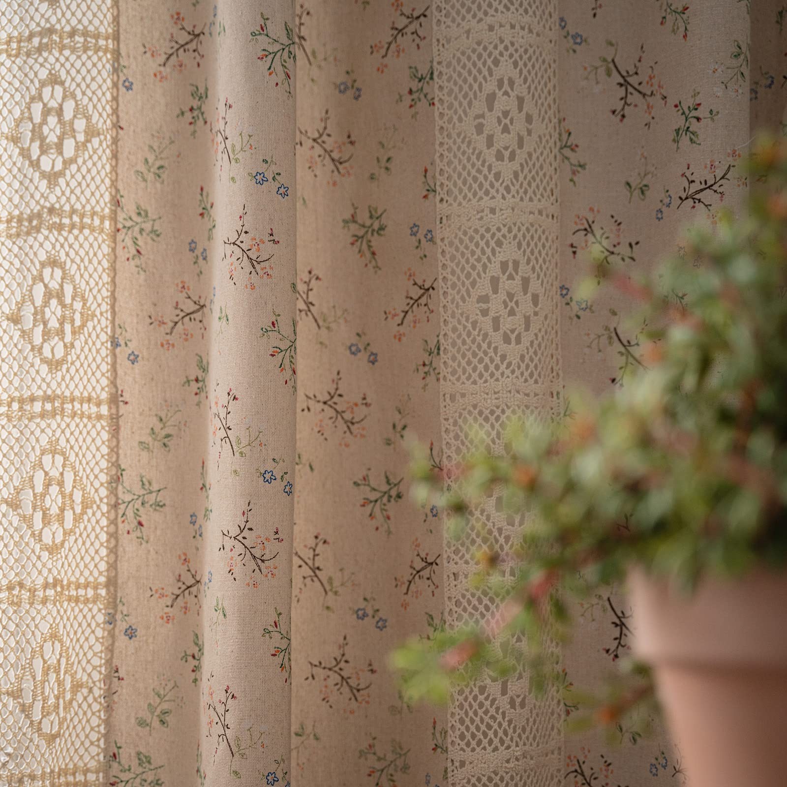 Floral Curtains 84 Inch Length 2 Panels Crochet Lace Patchwork Drapes Semi-Sh…