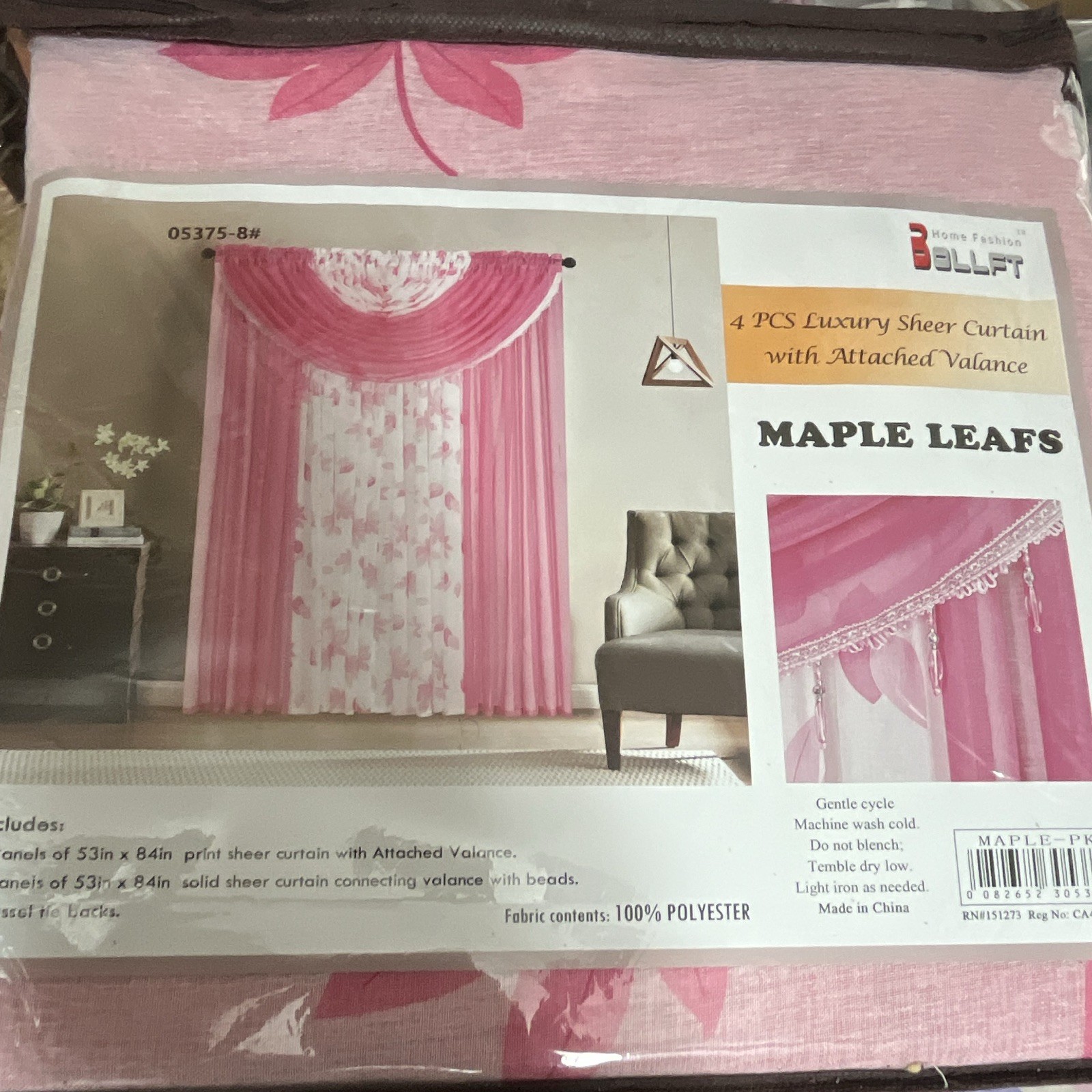 Home Fashion Pink/White Sheer Floral Curtain & Pelmet Set 53×84 Rod Pocket