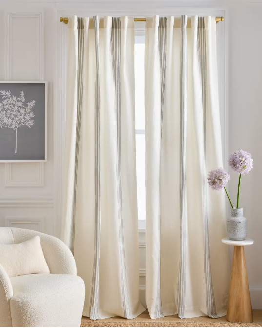 NWT QUINCE COASTAL STRIPE COTTON LINEN CURTAIN SET FILTERING 48 X 84 SAGE $144