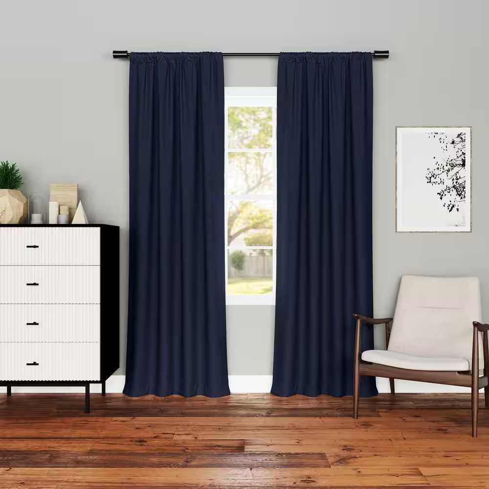 Kinnear Textured Navy Blue Polyester 40 In. W X 84 In. L Rod Pocket Blackout Cur