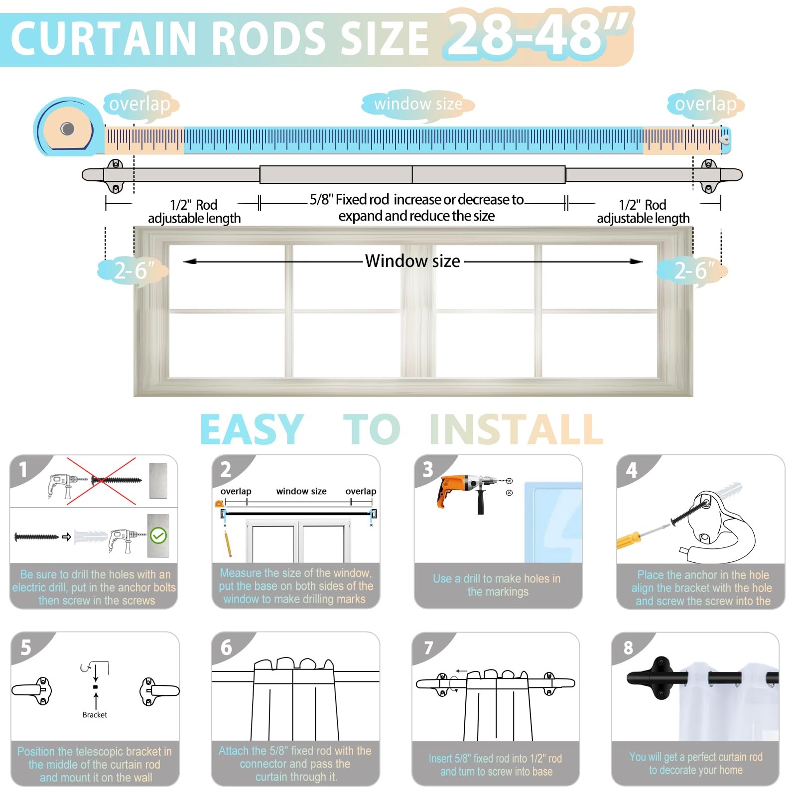 TVWOO Wrap Around Curtain Rods,Black 28-48″ ( 1pack ), Matte Black