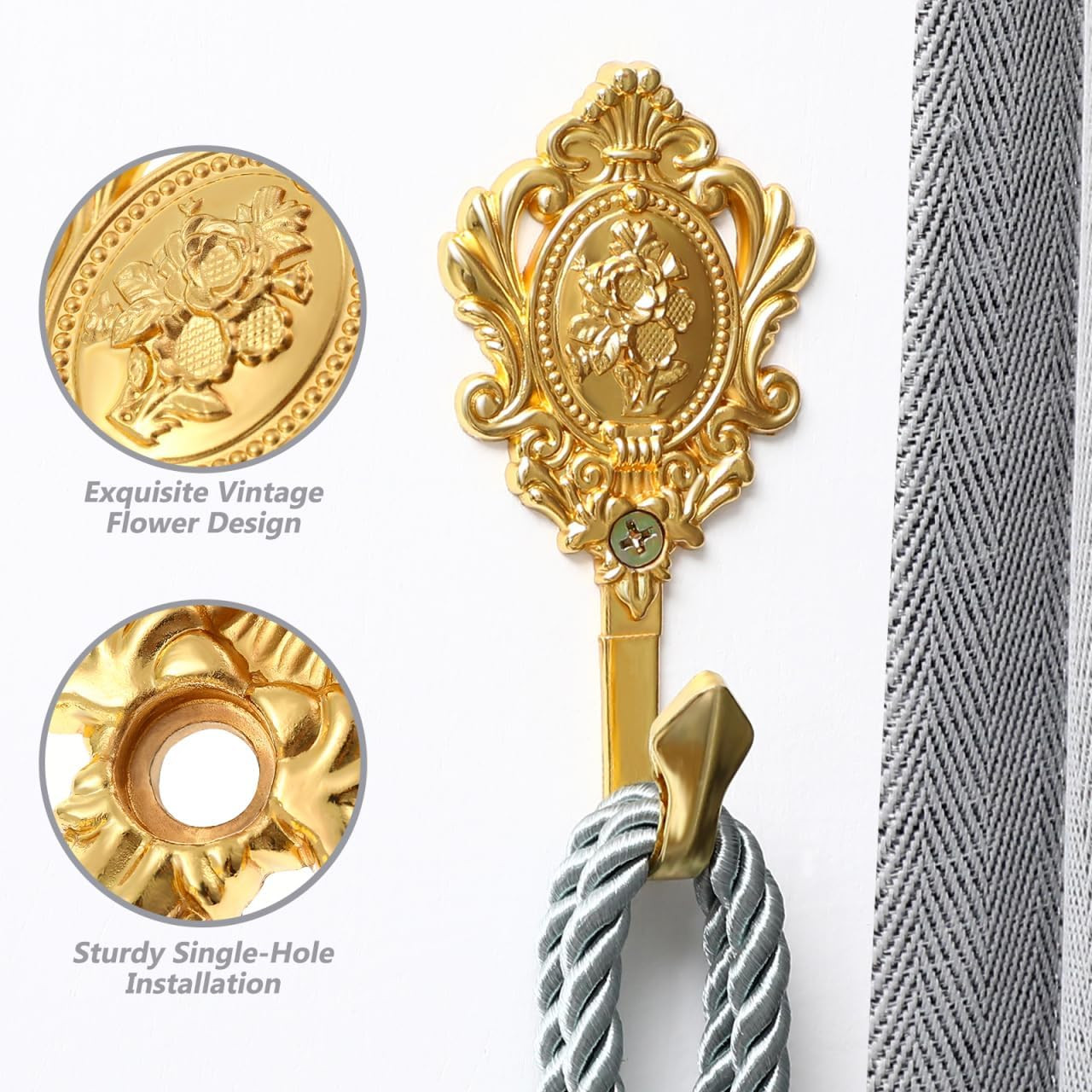 2 Pack Gold Curtain Holdbacks, Decorative Zinc Alloy Rose Floral Curtain Tieback