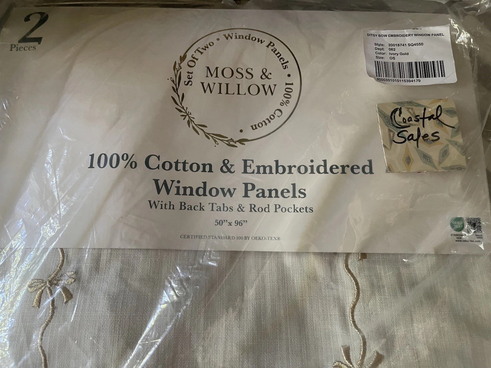 MOSS & WILLOW 100% Cotton Gold Embroidery Curtains Bows Ivory 50X96” NEW SET