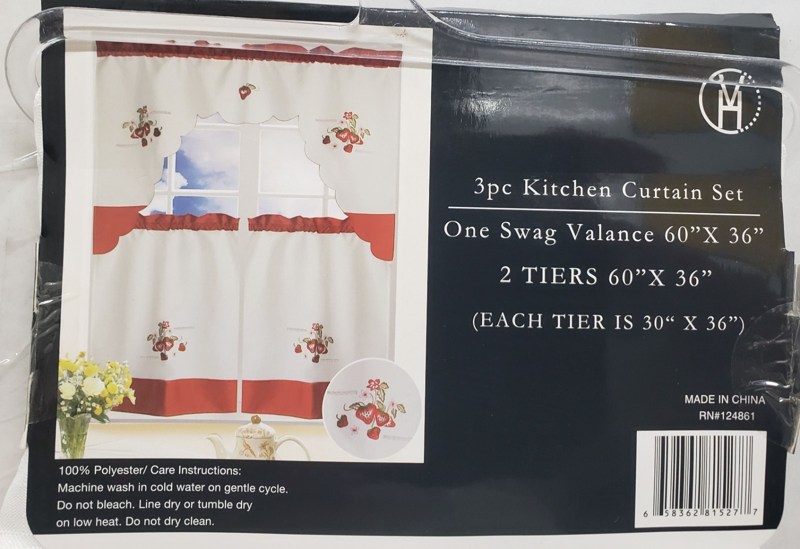 3pc. Embroidery Curtains Set: 2 Tiers & Swag (60″x36″) STRAWBERRIES, SISERA, VH