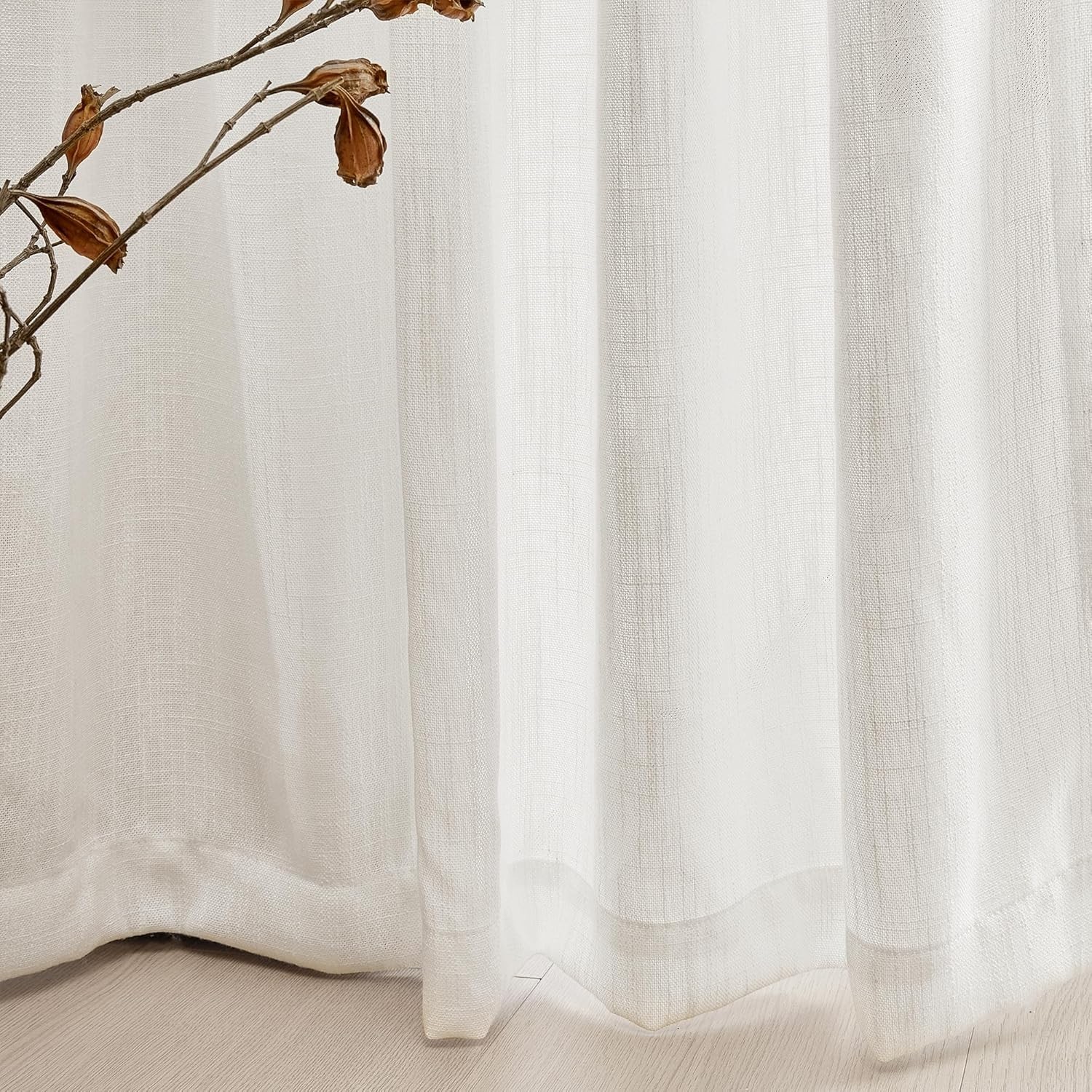 White curtains, semi-transparent soft cotton, with a buckle design at the back.