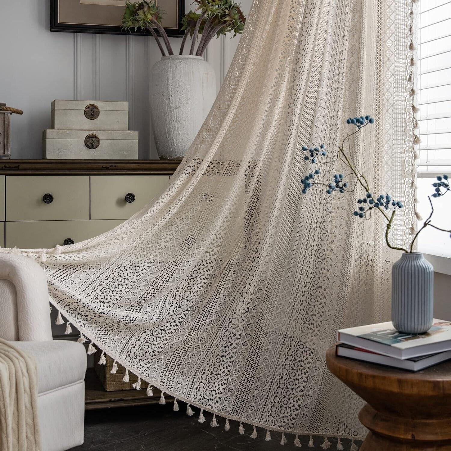 Crochet Lace Curtain Panels Window Drapes Bedroom Living Room Rod Pocket Rustic