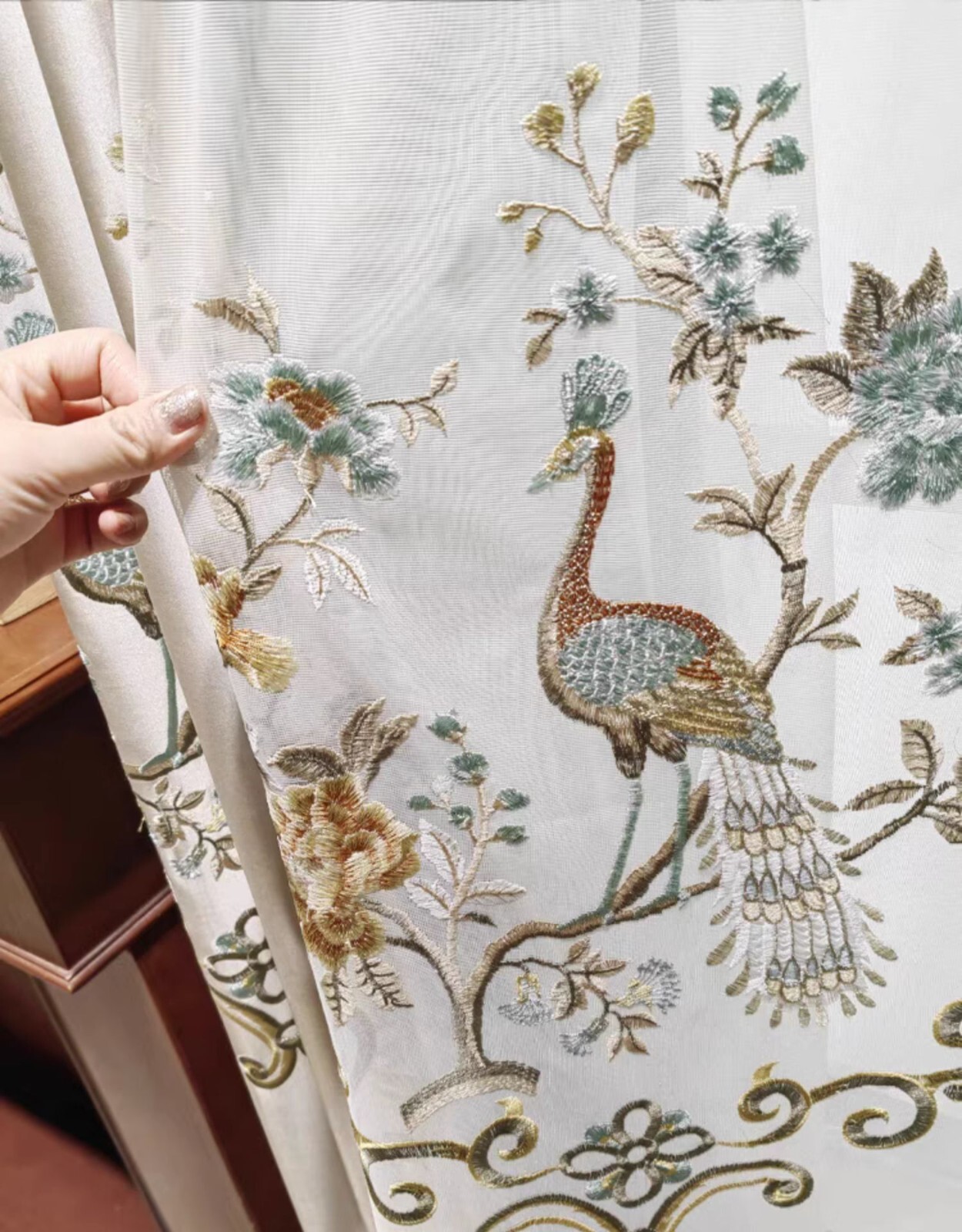 Custom embroidery Faux silk elegant champagne cloth curtain valance drape C1632